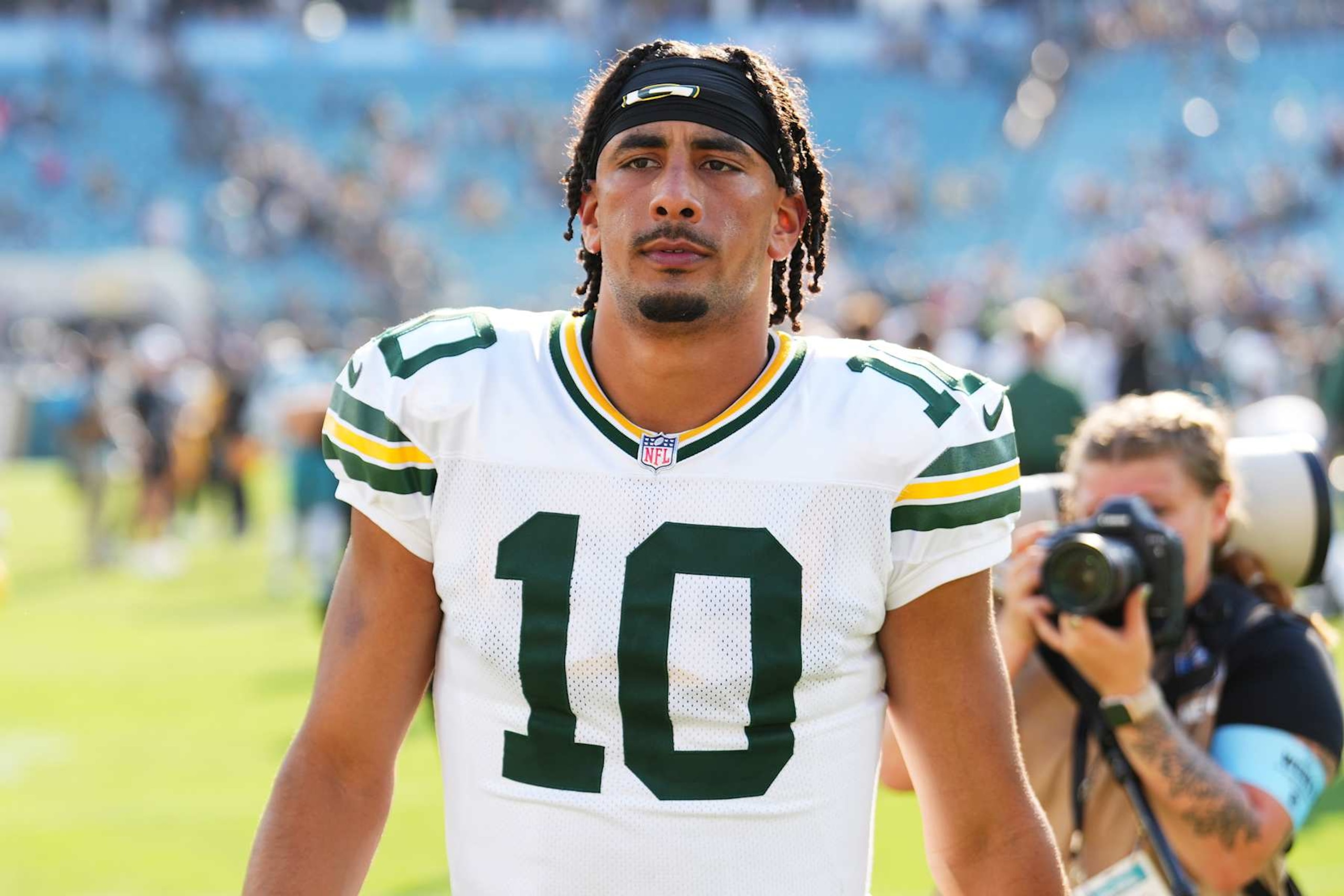 JACKSONVILLE, FLORIDA - OCTOBER 27:  Jordan Love #10 of the Green Bay Packers walks off the field after their 30-27 win over the Jacksonville Jaguars at EverBank Stadium on October 27, 2024 in Jacksonville, Florida. (Photo by Rich Storry/Getty Images)