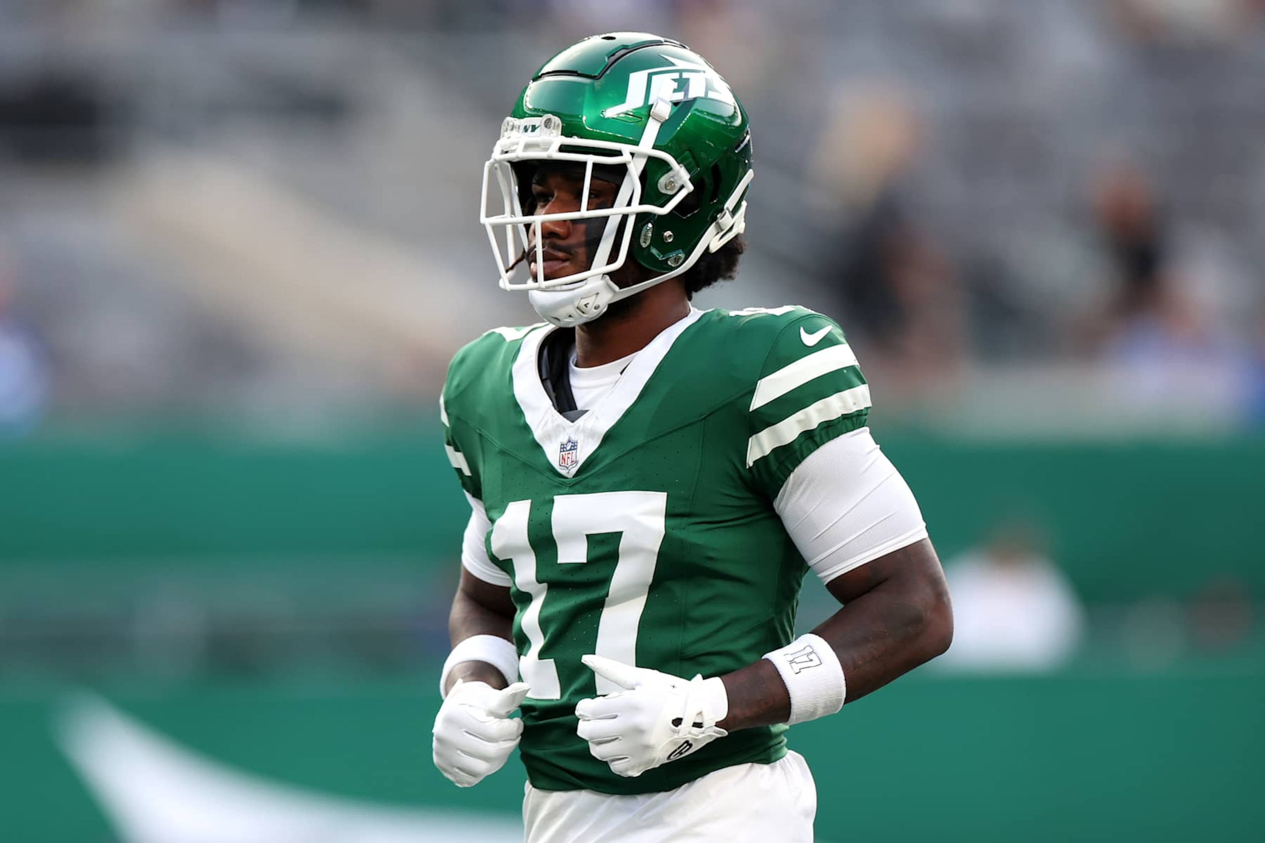 EAST RUTHERFORD, NEW JERSEY - AUGUST 24: Malachi Corley #17 of the New York Jets warms up against the New York Giants before the game at MetLife Stadium on August 24, 2024 in East Rutherford, New Jersey.  (Photo by Luke Hales/Getty Images)