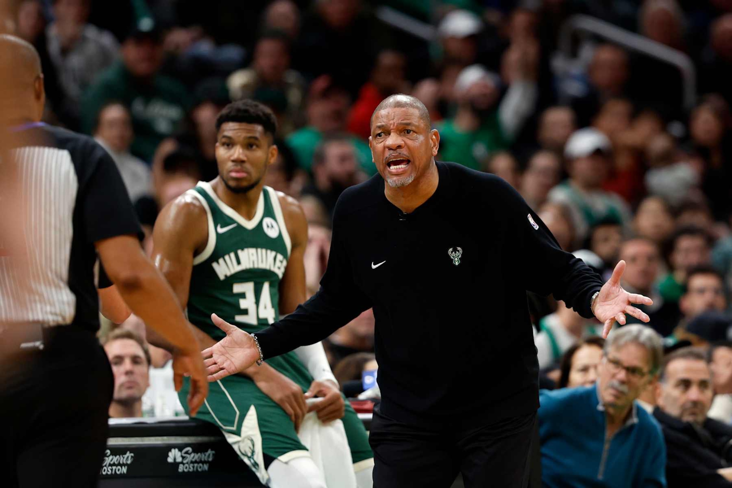 Boston, MA - October 28: Milwaukee Bucks head coach Doc Rivers argues a call with referee Tony Brothers in the third quarter at TD Garden. (Photo by Danielle Parhizkaran/The Boston Globe via Getty Images) Boston, MA - October 28: Milwaukee Bucks head coach Doc Rivers argues a call with referee Tony Brothers in the third quarter at TD Garden. (Photo by Danielle Parhizkaran/The Boston Globe via Getty Images)
