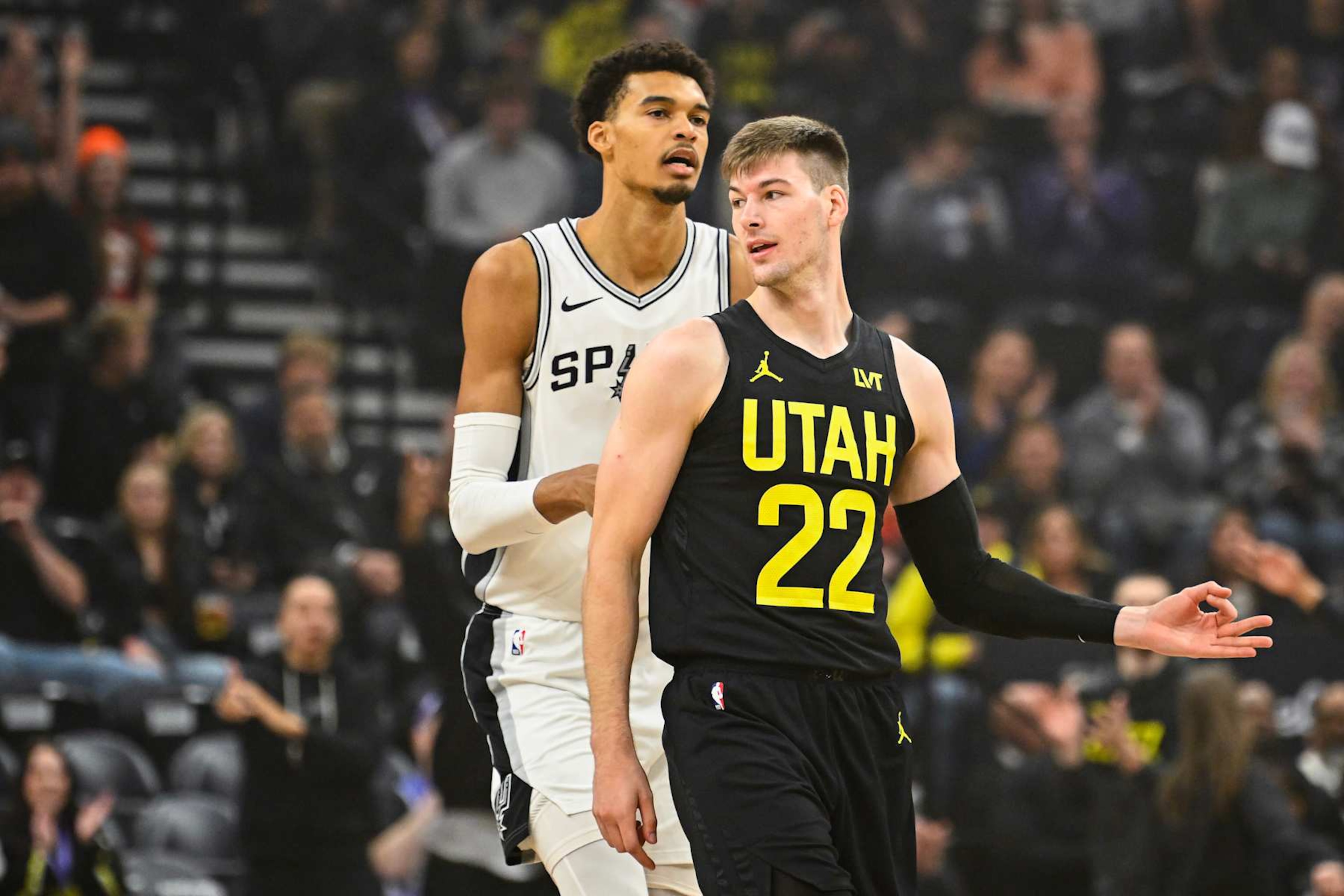 SALT LAKE CITY, UTAH - OCTOBER 31: Kyle Filipowski #22 of the Utah Jazz celebrates a three point play during the first half of a game against the San Antonio Spurs at Delta Center on October 31, 2024 in Salt Lake City, Utah. NOTE TO USER: User expressly acknowledges and agrees that, by downloading and or using this photograph, User is consenting to the terms and conditions of the Getty Images License Agreement. (Photo by Alex Goodlett/Getty Images) SALT LAKE CITY, UTAH - OCTOBER 31: Kyle Filipowski #22 of the Utah Jazz celebrates a three point play during the first half of a game against the San Antonio Spurs at Delta Center on October 31, 2024 in Salt Lake City, Utah. NOTE TO USER: User expressly acknowledges and agrees that, by downloading and or using this photograph, User is consenting to the terms and conditions of the Getty Images License Agreement. (Photo by Alex Goodlett/Getty Images)
