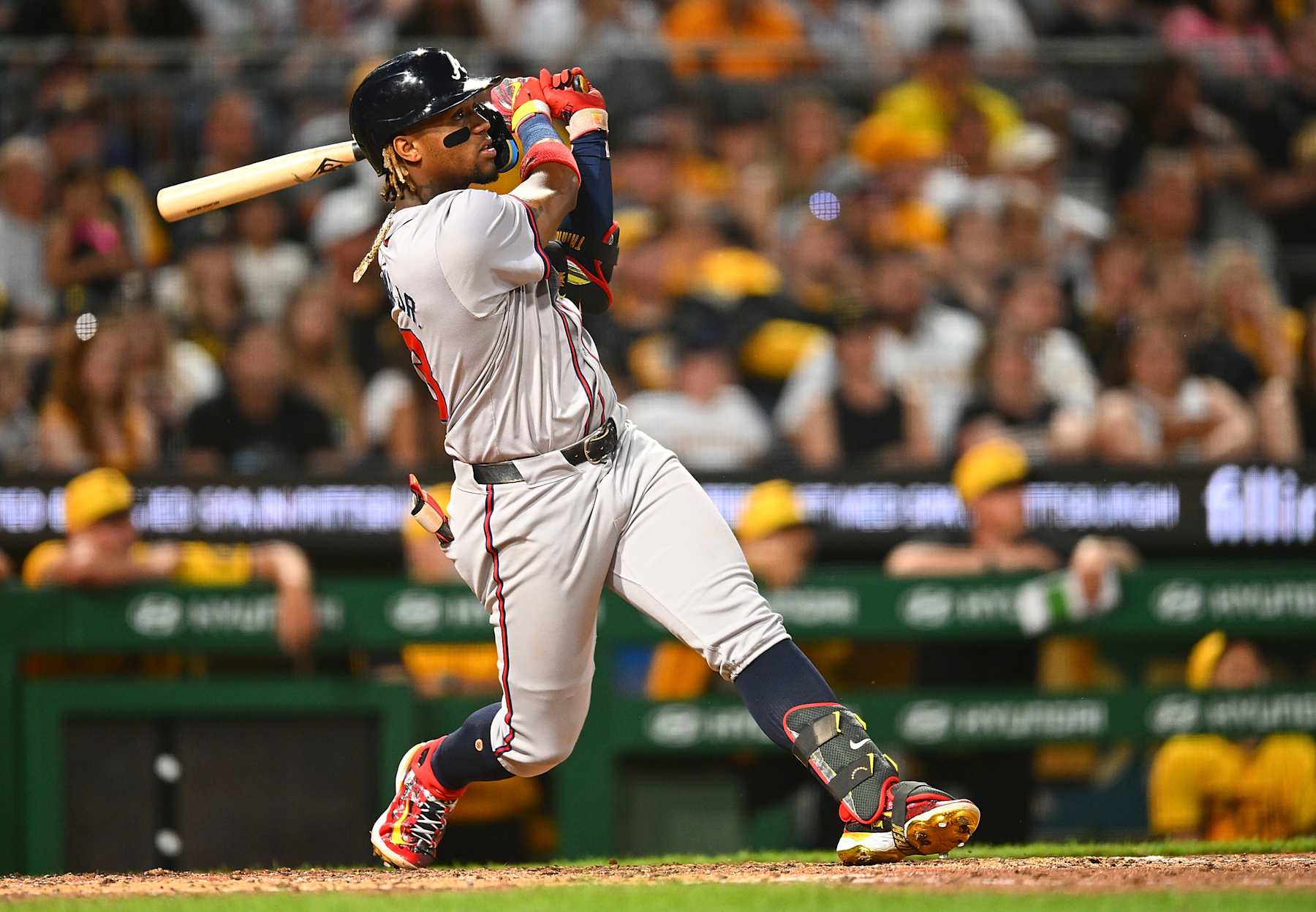 PITTSBURGH, PENNSYLVANIA - MAY 24:  Ronald Acuña Jr. #13 of the Atlanta Braves hits a three-run home run during the eighth inning against the Pittsburgh Pirates at PNC Park on May 24, 2024 in Pittsburgh, Pennsylvania. (Photo by Joe Sargent/Getty Images)