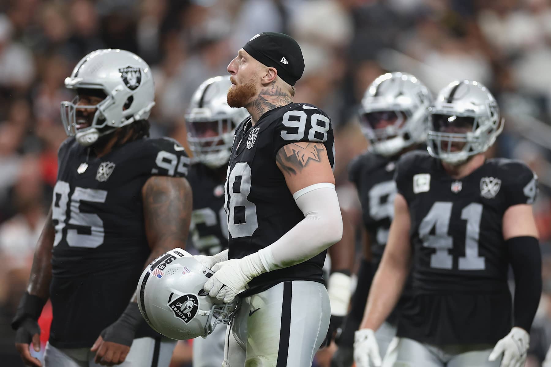 LAS VEGAS, NEVADA - OCTOBER 27: Maxx Crosby #98 of the Las Vegas Raiders reacts during the NFL game at Allegiant Stadium on October 27, 2024 in Las Vegas, Nevada. The Chiefs defeated the Raiders 27-20.  (Photo by Christian Petersen/Getty Images)
