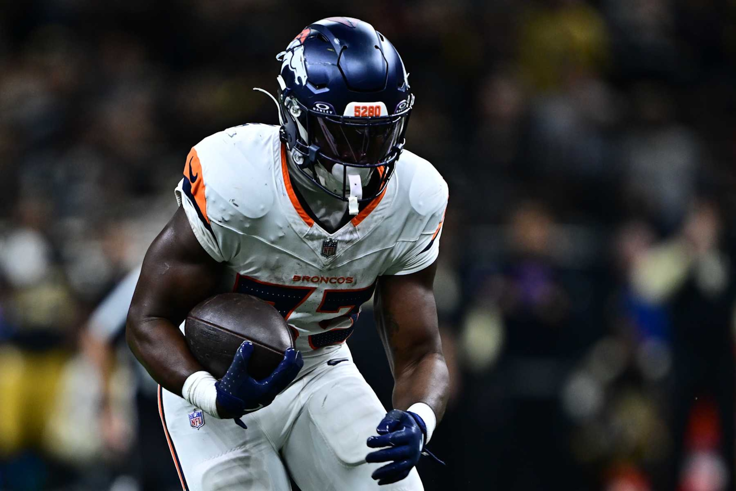 NEW ORLEANS, LOUISIANA - OCTOBER 17: Javonte Williams #33 of the Denver Broncos in action against the New Orleans Saints at Caesars Superdome on October 17, 2024 in New Orleans, Louisiana. (Photo by Gus Stark/Getty Images)