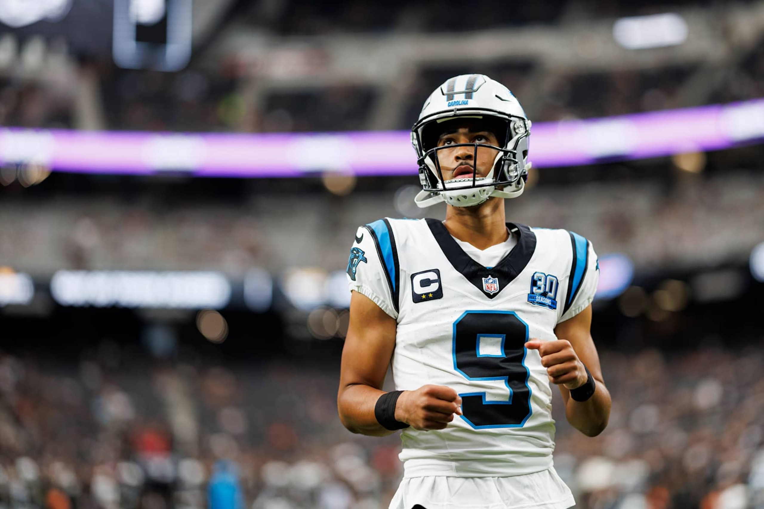 LAS VEGAS, NEVADA - SEPTEMBER 22: Quarterback Bryce Young #9 of the Carolina Panthers warms up prior to an NFL football game against the Las Vegas Raiders, at Allegiant Stadium on September 22, 2024 in Las Vegas, Nevada. (Photo by Brooke Sutton/Getty Images)