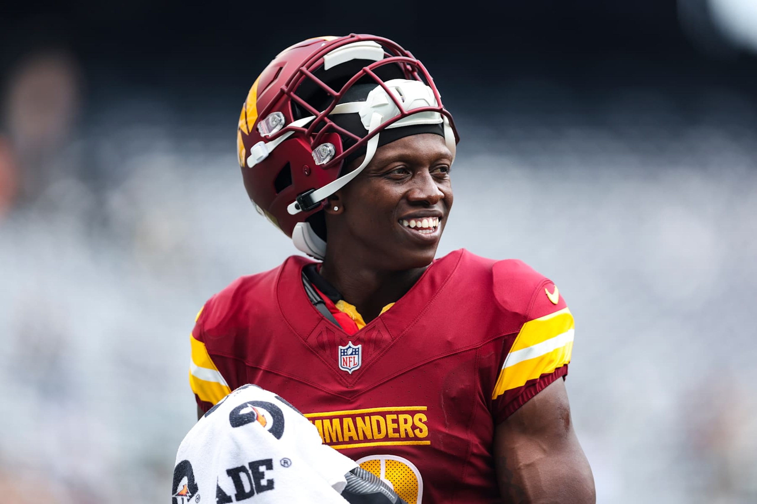 EAST RUTHERFORD, NJ - AUGUST 10: Emmanuel Forbes Jr. #13 of the Washington Commanders looks on after an NFL football game against the New York Jets at MetLife Stadium on August 10, 2024 in East Rutherford, NJ. (Photo by Perry Knotts/Getty Images)