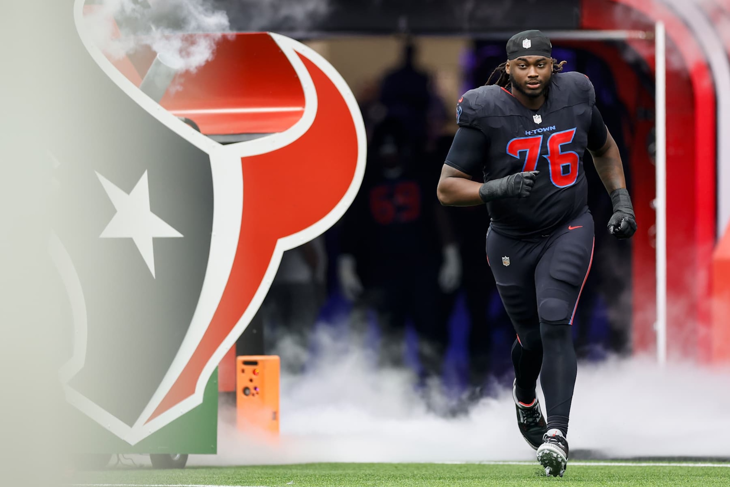 HOUSTON, TEXAS - OCTOBER 06: Kenyon Green #76 of the Houston Texans takes the field during the game against the Buffalo Bills at NRG Stadium on October 06, 2024 in Houston, Texas. (Photo by Tim Warner/Getty Images)