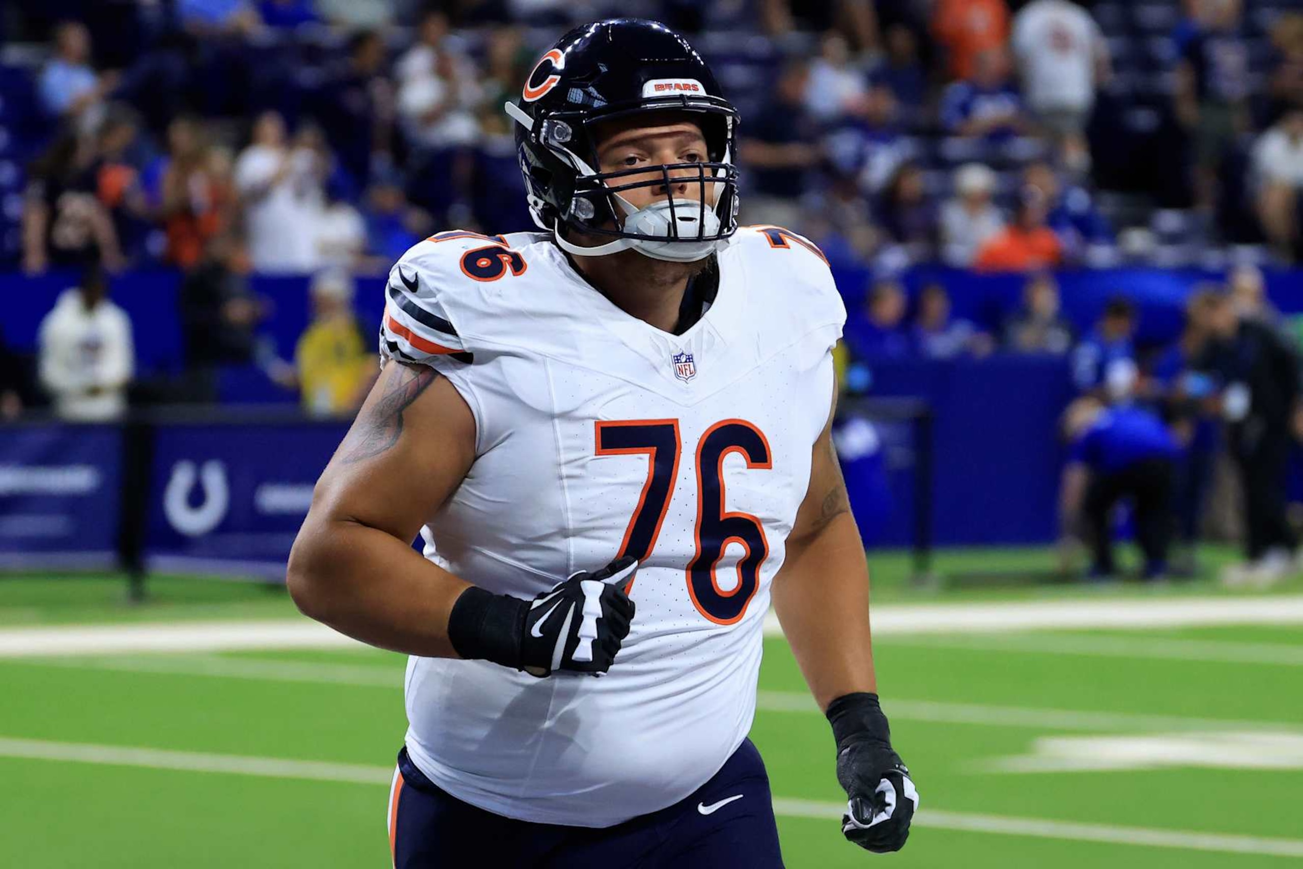 INDIANAPOLIS, INDIANA - SEPTEMBER 22: Teven Jenkins #76 of the Chicago Bears  walks off the field prior to the game against the Indianapolis Colts at Lucas Oil Stadium on September 22, 2024 in Indianapolis, Indiana. (Photo by Justin Casterline/Getty Images)