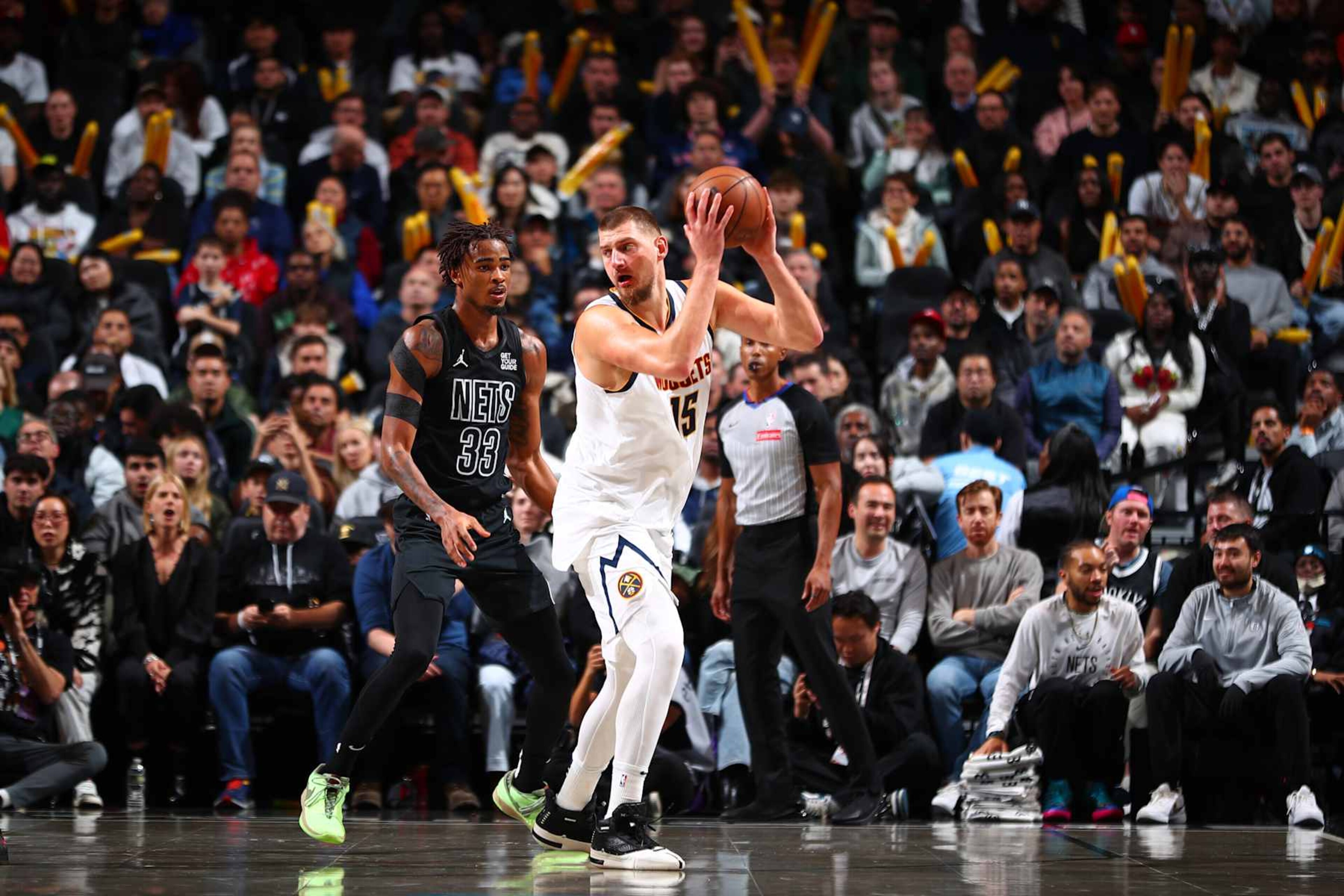 BROOKLYN, NY - OCTOBER 29: Nikola Jokic #15 of the Denver Nuggets handles the ball during the game against the Brooklyn Nets on October 29, 2024 at Barclays Center in Brooklyn, New York. NOTE TO USER: User expressly acknowledges and agrees that, by downloading and or using this Photograph, user is consenting to the terms and conditions of the Getty Images License Agreement. Mandatory Copyright Notice: Copyright 2024 NBAE (Photo by David L. Nemec/NBAE via Getty Images) BROOKLYN, NY - OCTOBER 29: Nikola Jokic #15 of the Denver Nuggets handles the ball during the game against the Brooklyn Nets on October 29, 2024 at Barclays Center in Brooklyn, New York. NOTE TO USER: User expressly acknowledges and agrees that, by downloading and or using this Photograph, user is consenting to the terms and conditions of the Getty Images License Agreement. Mandatory Copyright Notice: Copyright 2024 NBAE (Photo by David L. Nemec/NBAE via Getty Images)