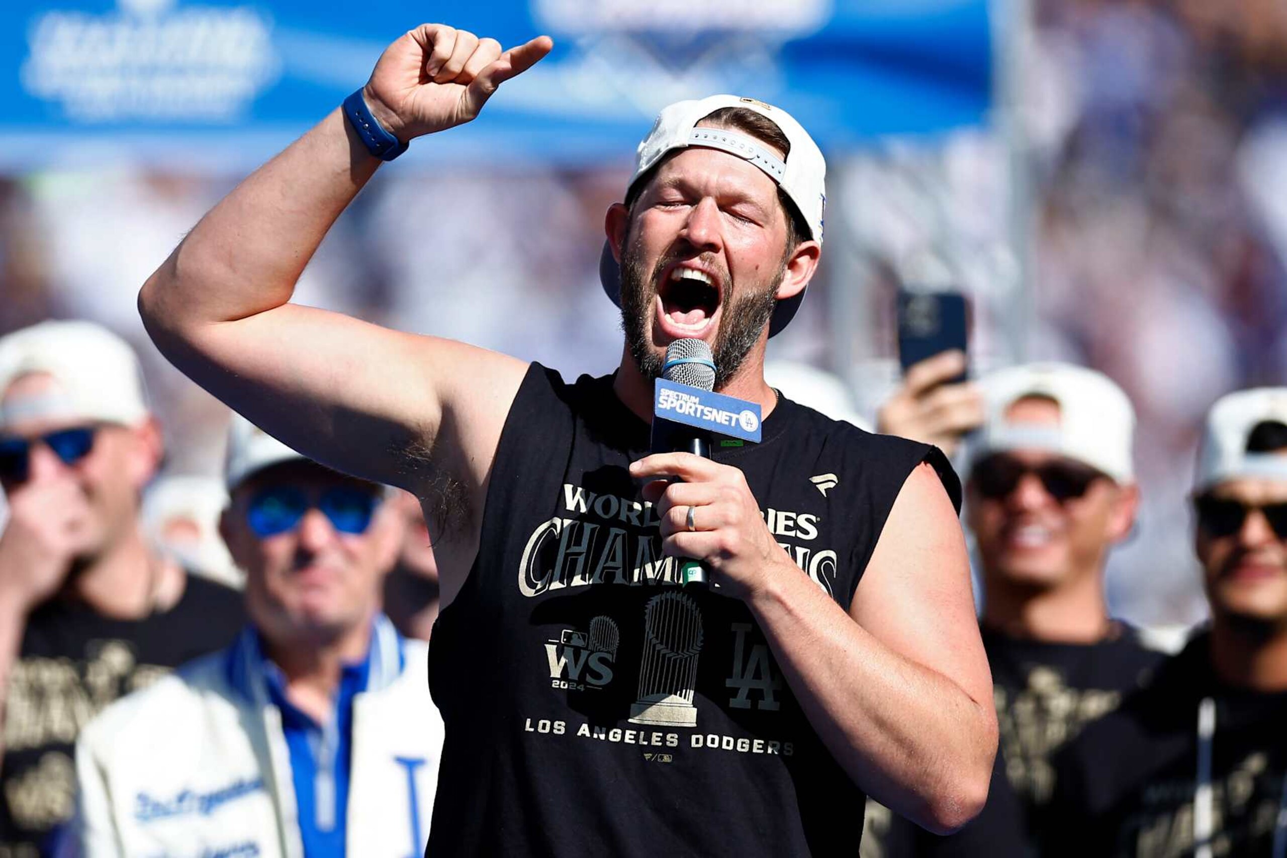LOS ANGELES, CALIFORNIA - NOVEMBER 01: Clayton Kershaw #22 of the Los Angeles Dodgers speaks during the 2024 World Series Celebration Show at Dodger Stadium on November 01, 2024 in Los Angeles, California.  (Photo by Ronald Martinez/Getty Images)