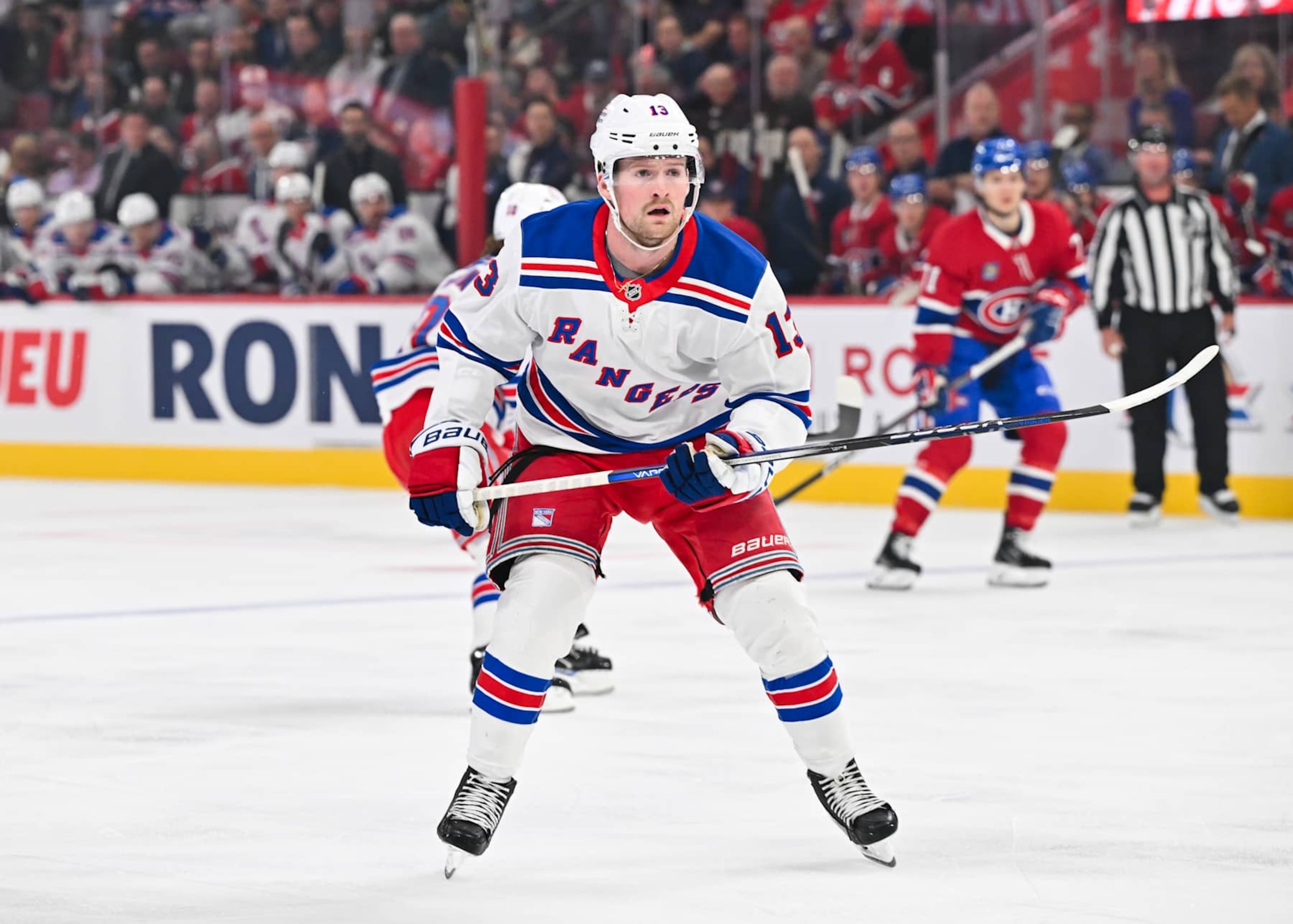 MONTREAL, CANADA - OCTOBER 22: Alexis Lafreniere #13 of the New York Rangers skates during the first period against the Montreal Canadiens at the Bell Centre on October 22, 2024 in Montreal, Quebec, Canada. The New York Rangers defeated the Montreal Canadiens 7-2. (Photo by Minas Panagiotakis/Getty Images) MONTREAL, CANADA - OCTOBER 22: Alexis Lafreniere #13 of the New York Rangers skates during the first period against the Montreal Canadiens at the Bell Centre on October 22, 2024 in Montreal, Quebec, Canada. The New York Rangers defeated the Montreal Canadiens 7-2. (Photo by Minas Panagiotakis/Getty Images)