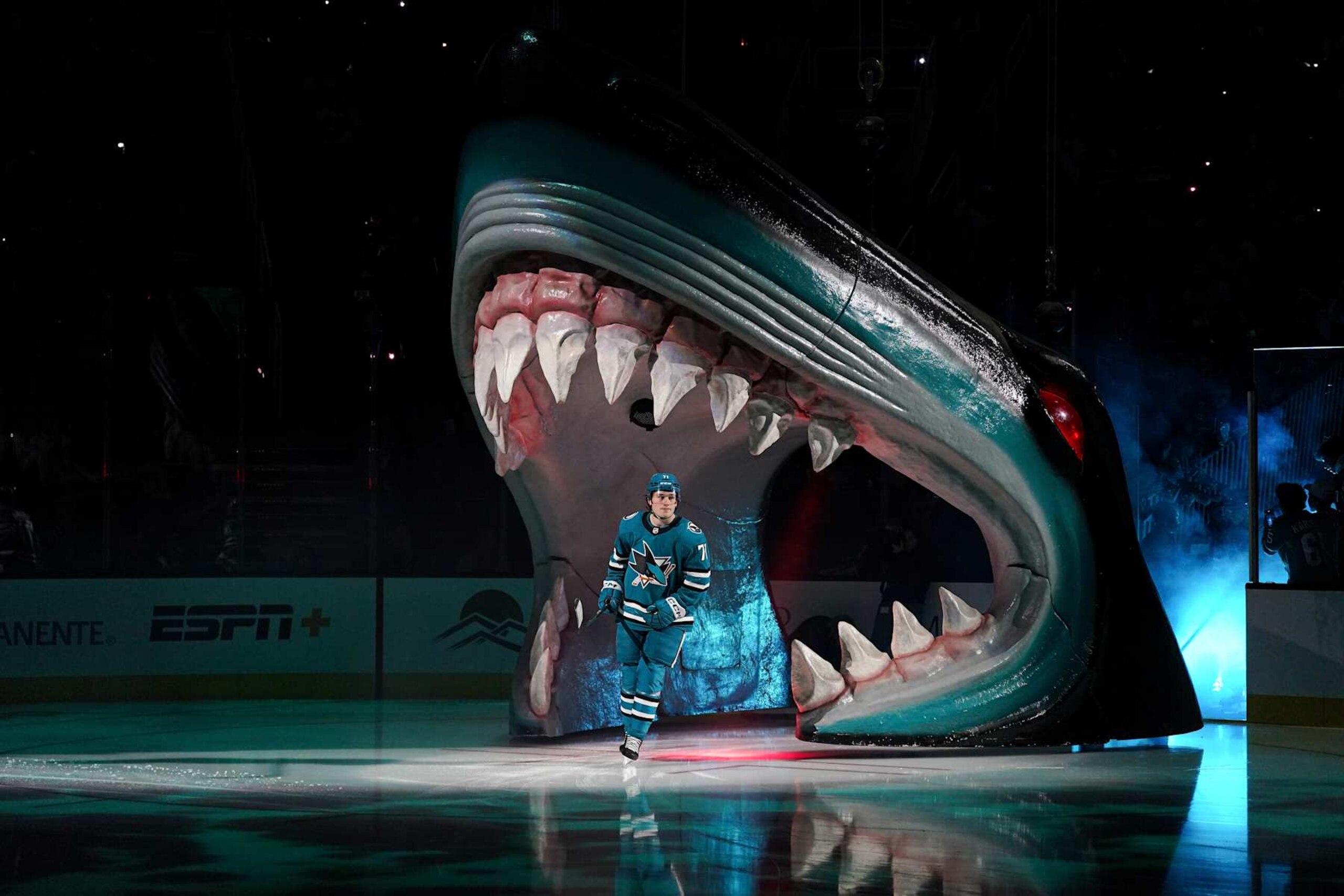 SAN JOSE, CA - OCTOBER 10: Macklin Celebrini #71 of the San Jose Sharks takes the ice through the Shark Head for his NHL Debut against the St. Louis Blues at SAP Center on October 10, 2024 in San Jose, California. (Photo by Kavin Mistry/NHLI via Getty Images) SAN JOSE, CA - OCTOBER 10: Macklin Celebrini #71 of the San Jose Sharks takes the ice through the Shark Head for his NHL Debut against the St. Louis Blues at SAP Center on October 10, 2024 in San Jose, California. (Photo by Kavin Mistry/NHLI via Getty Images)