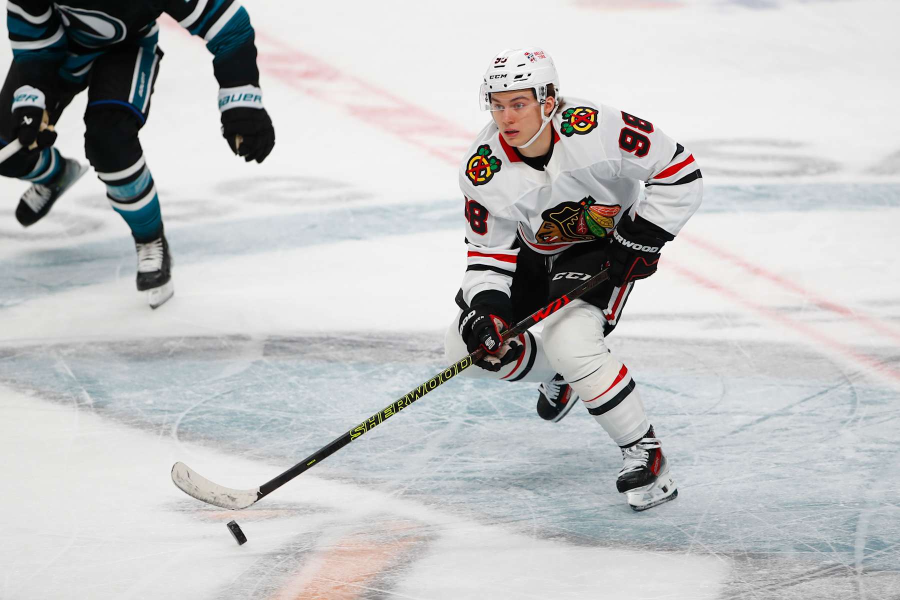 SAN JOSE, CA - OCTOBER 31: Chicago Blackhawks center Connor Bedard (98) skates with the puck during the NHL game between the Chicago Blackhawks and the San Jose Sharks on October 31, 2024 at SAP Center in San Jose, CA. (Photo by Scott Dinn/Icon Sportswire via Getty Images)