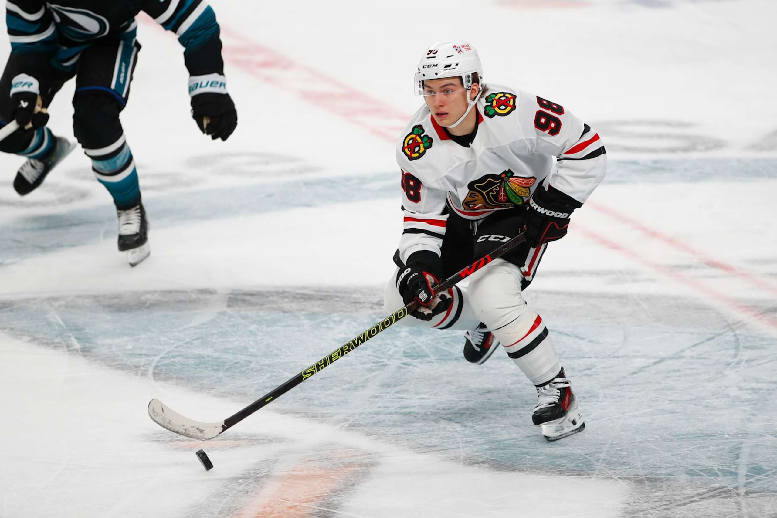 SAN JOSE, CA - OCTOBER 31: Chicago Blackhawks center Connor Bedard (98) skates with the puck during the NHL game between the Chicago Blackhawks and the San Jose Sharks on October 31, 2024 at SAP Center in San Jose, CA. (Photo by Scott Dinn/Icon Sportswire via Getty Images) SAN JOSE, CA - OCTOBER 31: Chicago Blackhawks center Connor Bedard (98) skates with the puck during the NHL game between the Chicago Blackhawks and the San Jose Sharks on October 31, 2024 at SAP Center in San Jose, CA. (Photo by Scott Dinn/Icon Sportswire via Getty Images)