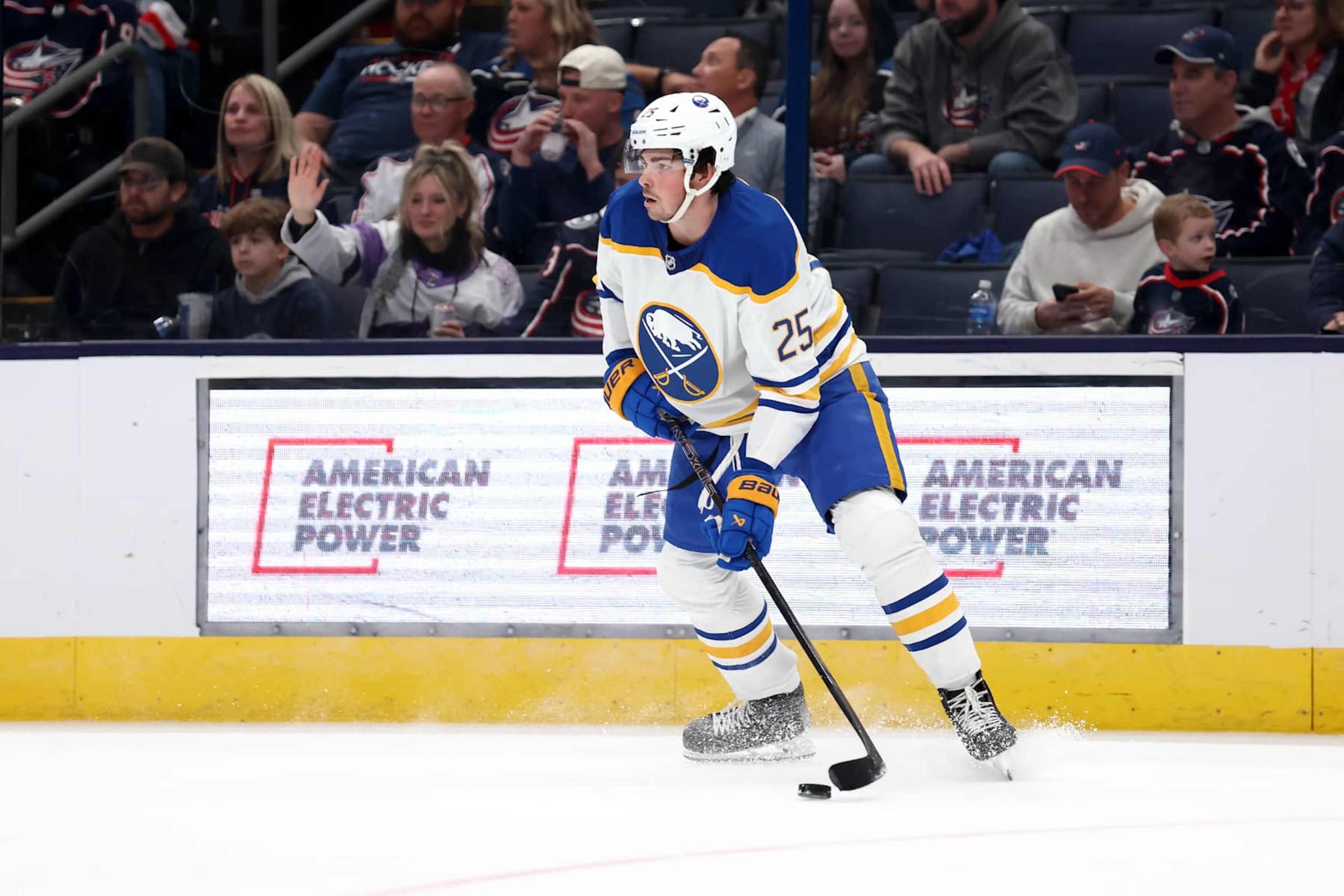 COLUMBUS, OHIO - OCTOBER 17: Owen Power #25 of the Buffalo Sabres controls the puck during the game against the Columbus Blue Jackets at Nationwide Arena on October 17, 2024 in Columbus, Ohio. Columbus defeated Buffalo 6-4. (Photo by Kirk Irwin/NHLI via Getty Images) COLUMBUS, OHIO - OCTOBER 17: Owen Power #25 of the Buffalo Sabres controls the puck during the game against the Columbus Blue Jackets at Nationwide Arena on October 17, 2024 in Columbus, Ohio. Columbus defeated Buffalo 6-4. (Photo by Kirk Irwin/NHLI via Getty Images)