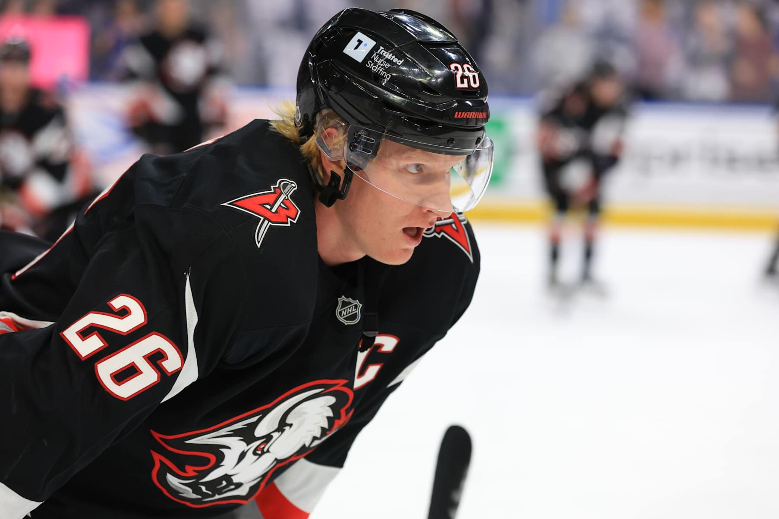 BUFFALO, NEW YORK - NOVEMBER 1: Rasmus Dahlin #26 of the Buffalo Sabres warms up prior to an NHL game against the New York Islanders on November 1, 2024 at KeyBank Center in Buffalo, New York. (Photo by Bill Wippert/NHLI via Getty Images) BUFFALO, NEW YORK - NOVEMBER 1: Rasmus Dahlin #26 of the Buffalo Sabres warms up prior to an NHL game against the New York Islanders on November 1, 2024 at KeyBank Center in Buffalo, New York. (Photo by Bill Wippert/NHLI via Getty Images)
