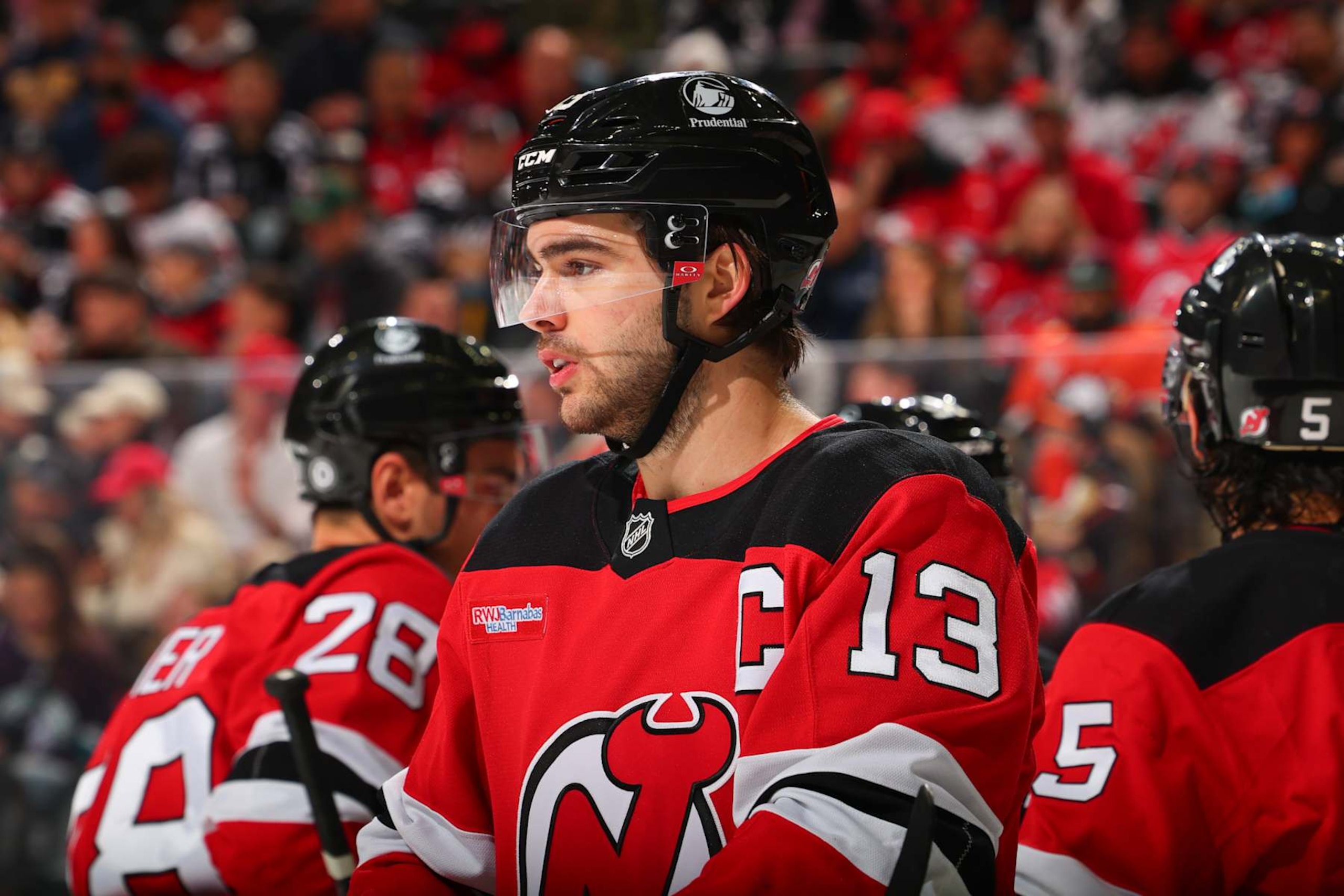 NEWARK, NJ - OCTOBER 27: Nico Hischier #13 of the New Jersey Devils skates in the second period of the game against the Anaheim Ducks at the Prudential Center on October 27, 2024 in Newark, New Jersey. (Photo by Rich Graessle/NHLI via Getty Images) NEWARK, NJ - OCTOBER 27: Nico Hischier #13 of the New Jersey Devils skates in the second period of the game against the Anaheim Ducks at the Prudential Center on October 27, 2024 in Newark, New Jersey. (Photo by Rich Graessle/NHLI via Getty Images)