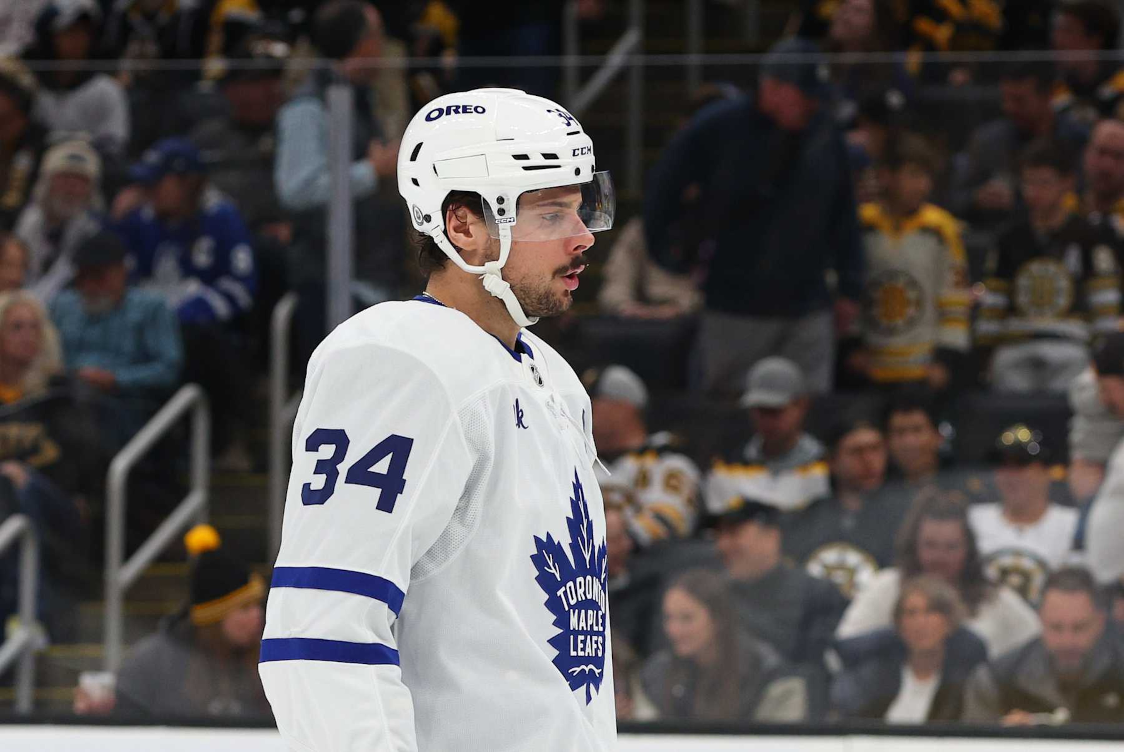 BOSTON, MA - OCTOBER 26: Toronto Maple Leafs center Auston Matthews (34) during a NHL game between Toronto Maple Leafs and Boston Bruins on October 26, 2024, at TD Garden in Boston, MA. (Photo by M. Anthony Nesmith/Icon Sportswire via Getty Images)