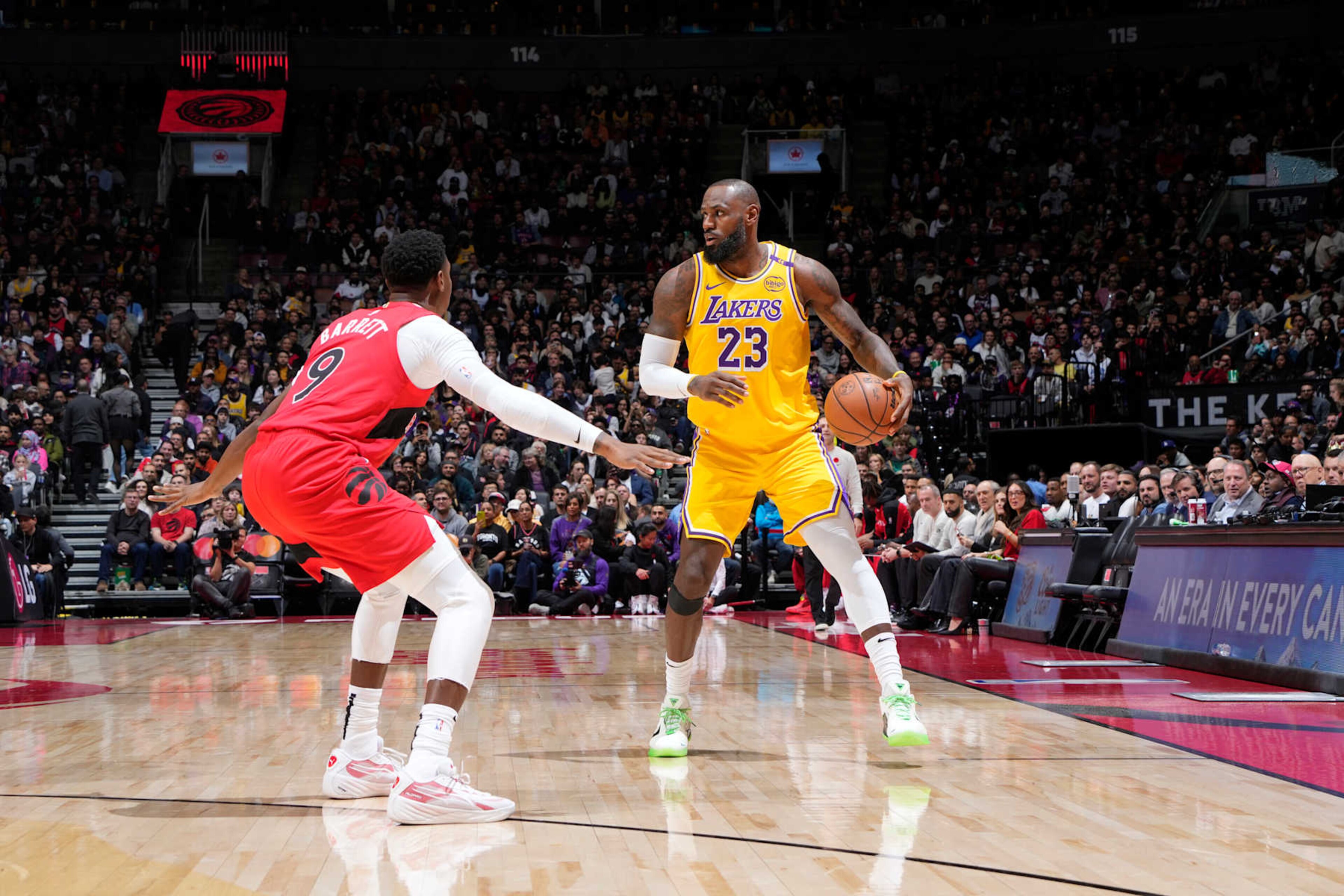 TORONTO, CANADA - NOVEMBER 1: LeBron James #23 of the Los Angeles Lakers handles the ball during the game against the Toronto Raptors on November 1, 2024 at the Scotiabank Arena in Toronto, Ontario, Canada.  NOTE TO USER: User expressly acknowledges and agrees that, by downloading and or using this Photograph, user is consenting to the terms and conditions of the Getty Images License Agreement.  Mandatory Copyright Notice: Copyright 2024 NBAE (Photo by Mark Blinch/NBAE via Getty Images)