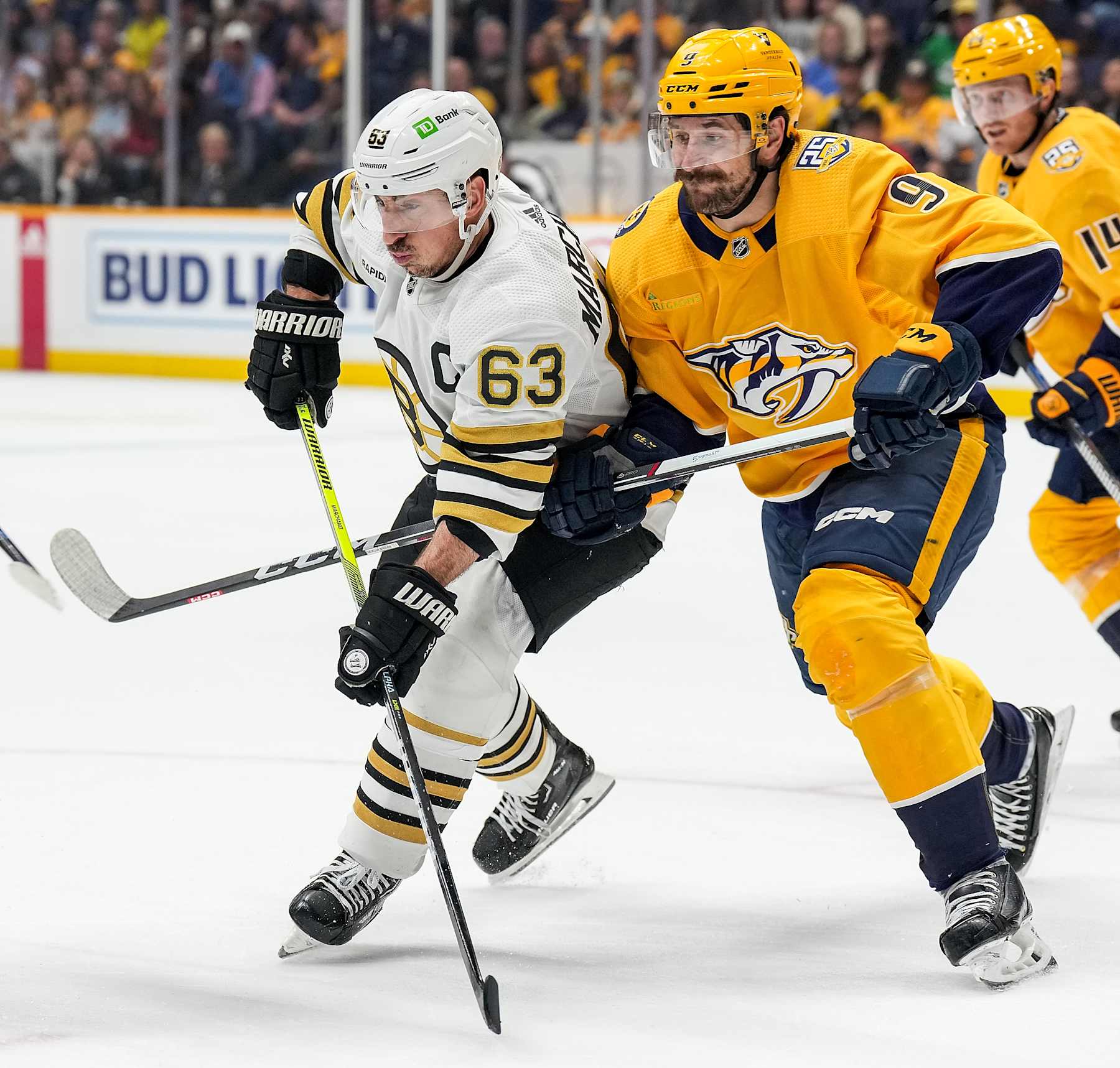 Boston Bruins captain Brad Marchand (left) in action against the Nashville Predators. 