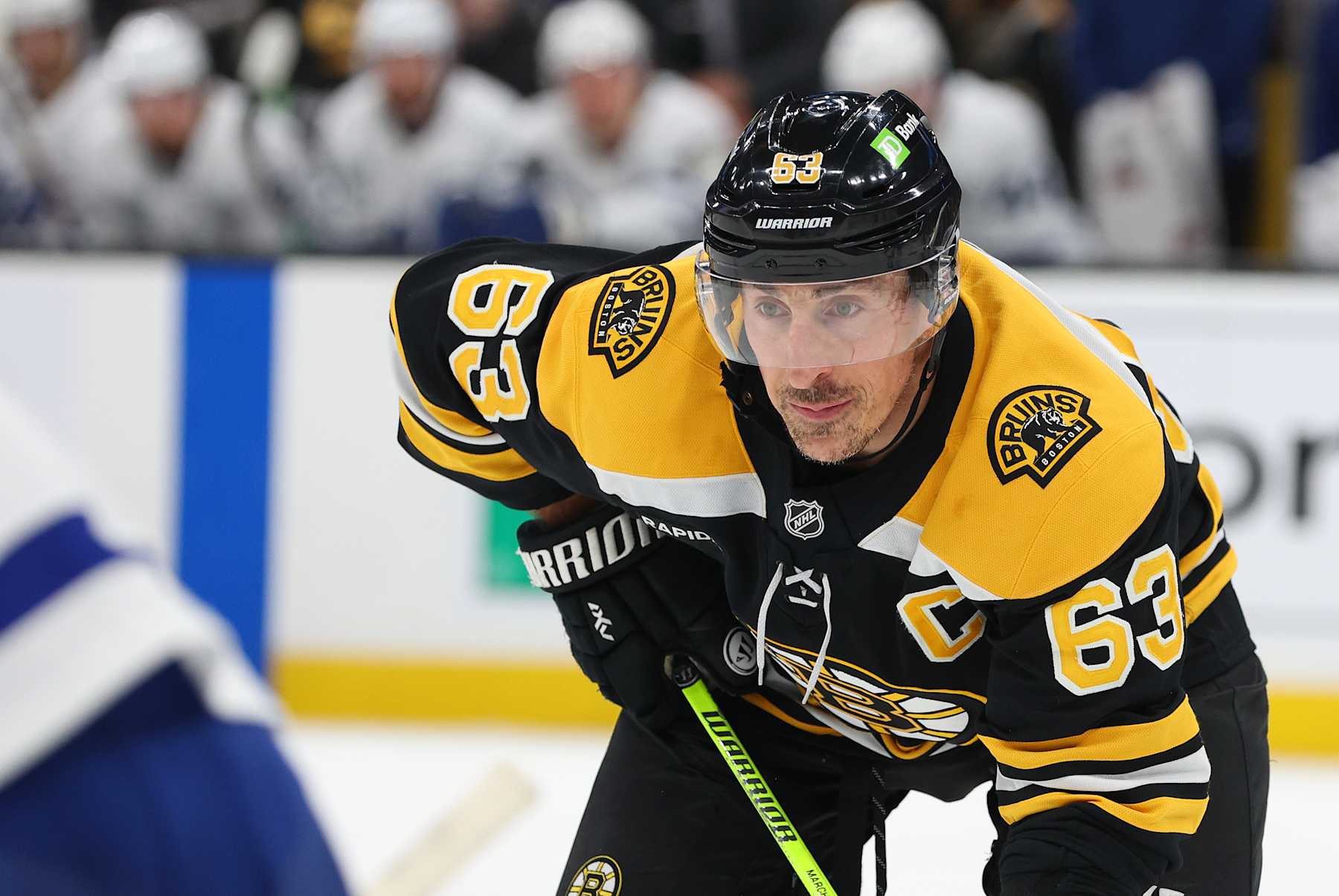BOSTON, MA - OCTOBER 26: Boston Bruins left wing Brad Marchand (63) during a NHL game between Toronto Maple Leafs and Boston Bruins on October 26, 2024, at TD Garden in Boston, MA. (Photo by M. Anthony Nesmith/Icon Sportswire via Getty Images)