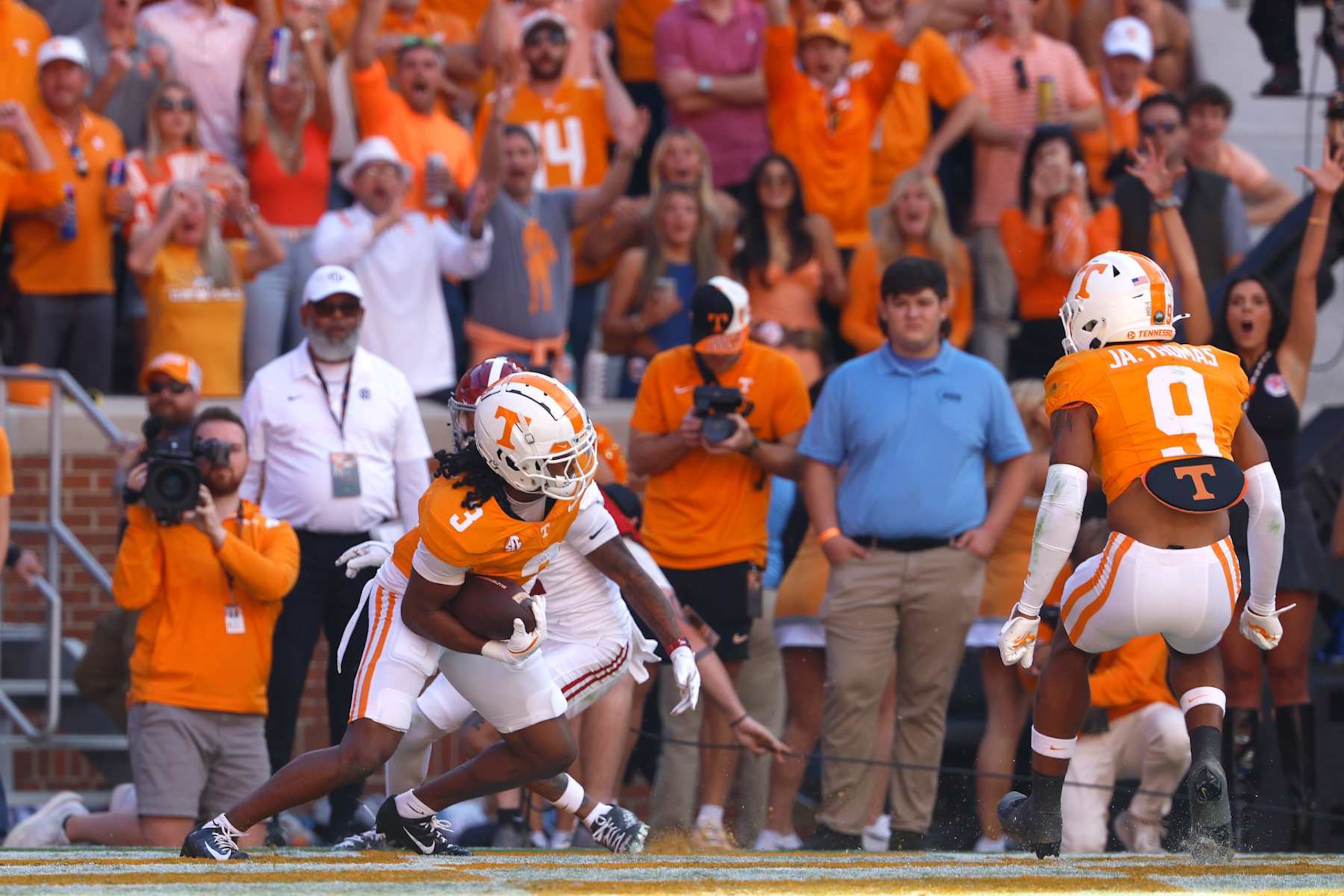 KNOXVILLE, TENNESSEE - OCTOBER 19: Jermod McCoy #3 of the Tennessee Volunteers intercepts a pass in the end zone intended for Ryan Williams #2 of the Alabama Crimson Tide during the first quarter at Neyland Stadium on October 19, 2024 in Knoxville, Tennessee. (Photo by Butch Dill/Getty Images)