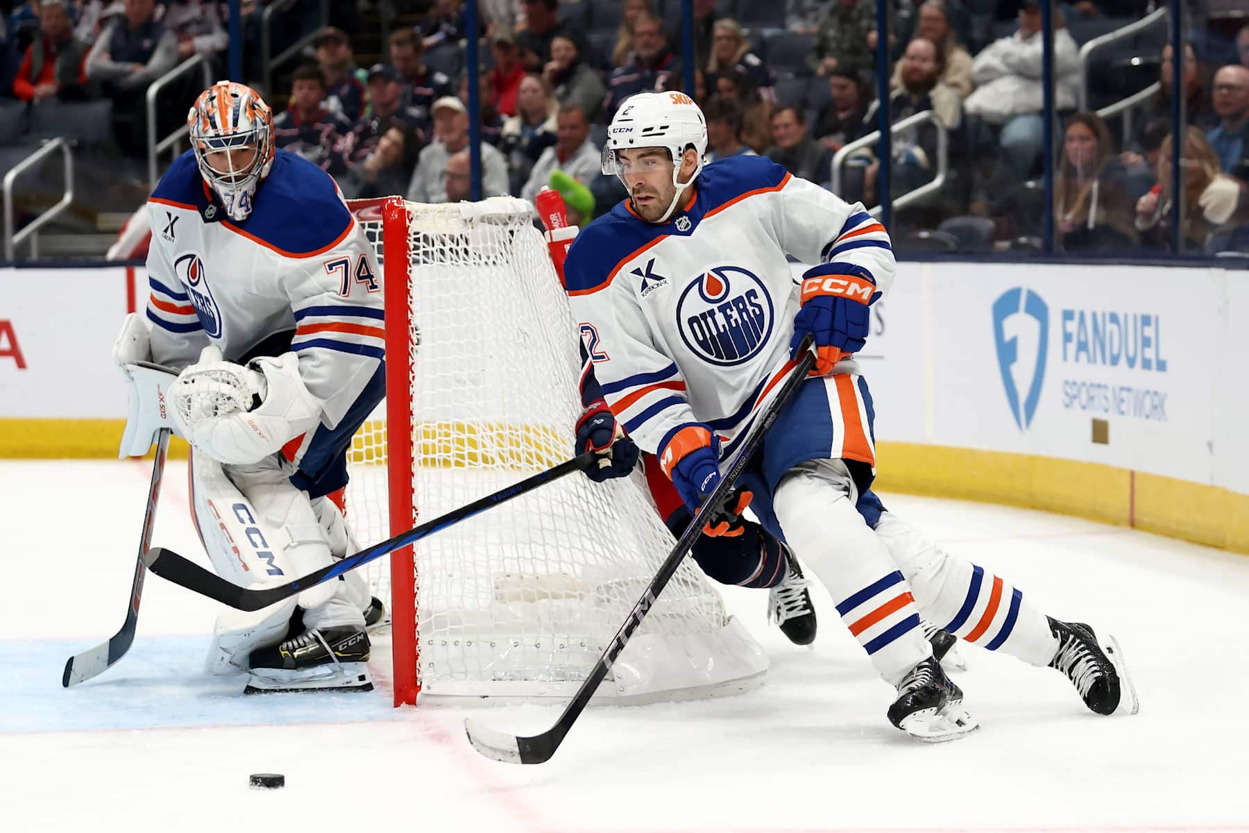 COLUMBUS, OHIO - OCTOBER 28:  Evan Bouchard #2 of the Edmonton Oilers controls the puck during the game against the Columbus Blue Jackets at Nationwide Arena on October 28, 2024 in Columbus, Ohio. Columbus defeated Edmonton 6-1. (Photo by Kirk Irwin/NHLI via Getty Images)