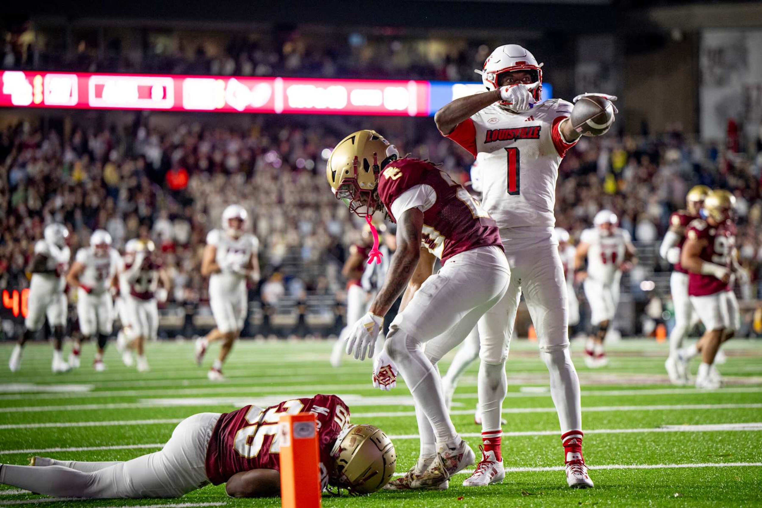CHESTNUT HILL, MASSACHUSETTS - OCTOBER 25: Ja'Corey Brooks #1 of the Louisville Cardinals reacts during the second half of a game against the Boston College Eagles at Alumni Stadium on October 25, 2024 in Chestnut Hill, Massachusetts. (Photo by Maddie Malhotra/Getty Images)