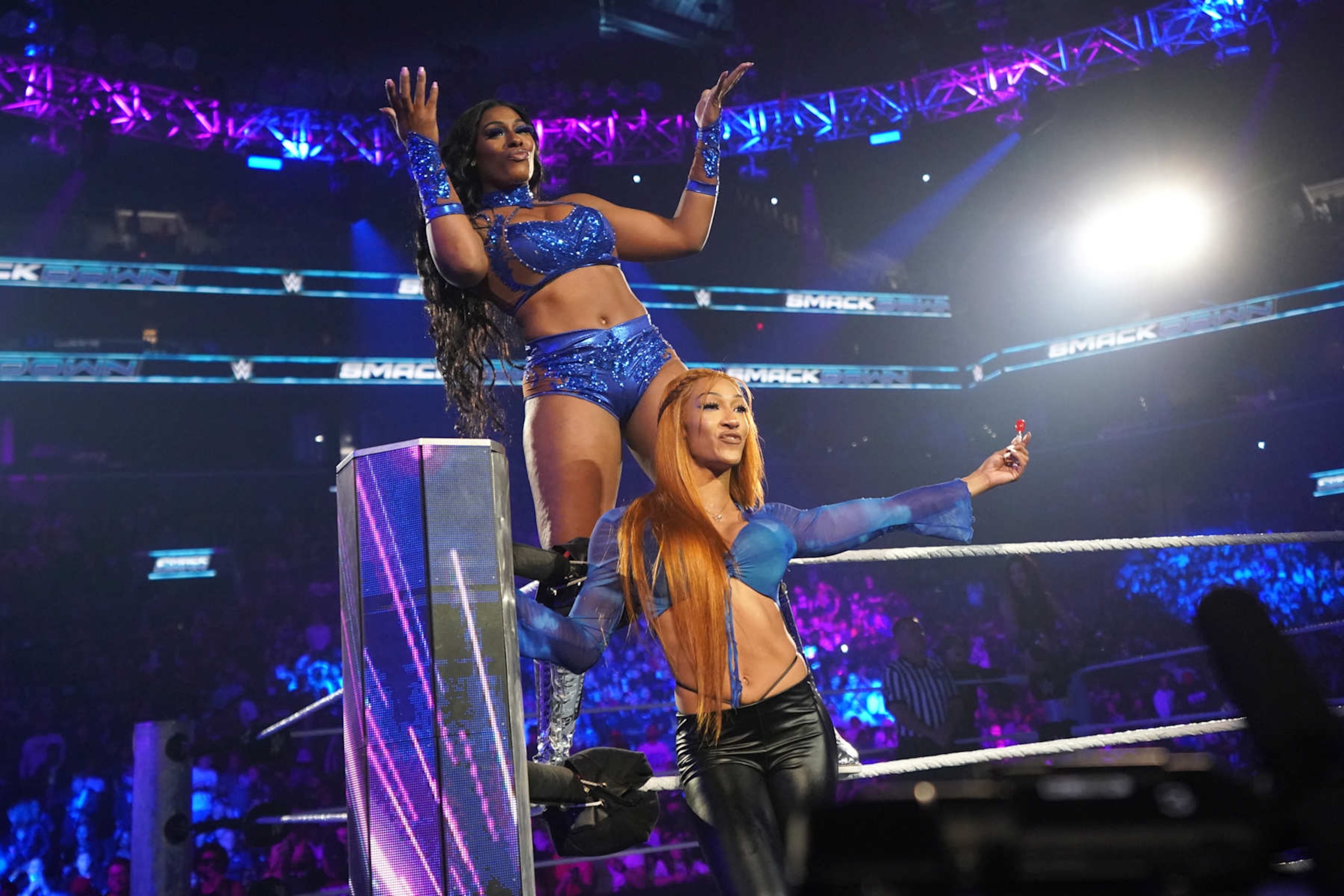 NEW YORK, NEW YORK - NOVEMBER 1: Lash Legend and Jakara Jackson make their entrance to the ring during WWE SmackDown at Barclays Center on November 1, 2024 in New York City.  (Photo by WWE/Getty Images)