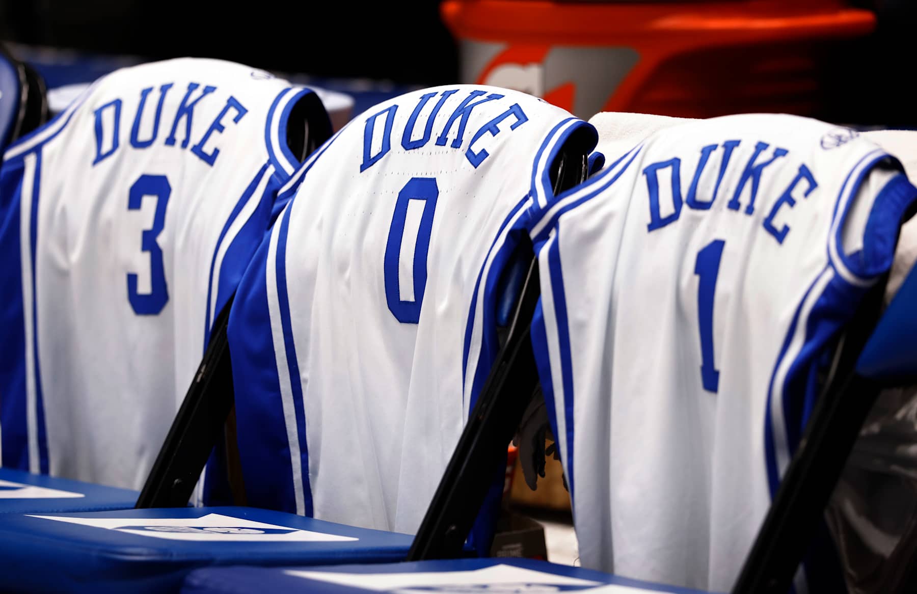 DURHAM, NORTH CAROLINA - JANUARY 04: A detailed photo of game jerseys worn by Jeremy Roach #3, Wendell Moore Jr. #0 and Trevor Keels #1 of the Duke Blue Devils during their game against the Georgia Tech Yellow Jackets at Cameron Indoor Stadium on January 04, 2022 in Durham, North Carolina. Duke won 69-57. (Photo by Grant Halverson/Getty Images)