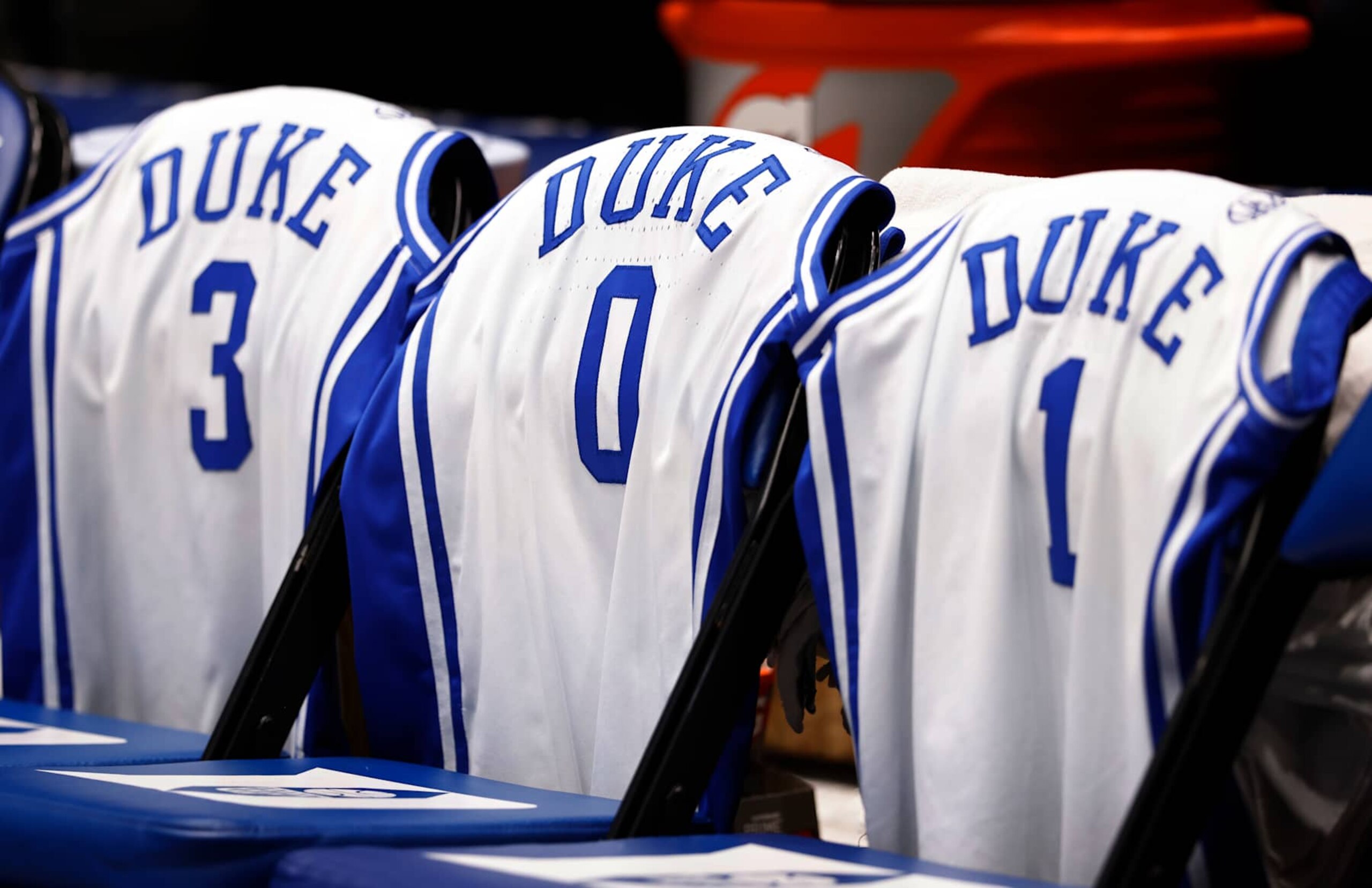 DURHAM, NORTH CAROLINA - JANUARY 04: A detailed photo of game jerseys worn by Jeremy Roach #3, Wendell Moore Jr. #0 and Trevor Keels #1 of the Duke Blue Devils during their game against the Georgia Tech Yellow Jackets at Cameron Indoor Stadium on January 04, 2022 in Durham, North Carolina. Duke won 69-57. (Photo by Grant Halverson/Getty Images) DURHAM, NORTH CAROLINA - JANUARY 04: A detailed photo of game jerseys worn by Jeremy Roach #3, Wendell Moore Jr. #0 and Trevor Keels #1 of the Duke Blue Devils during their game against the Georgia Tech Yellow Jackets at Cameron Indoor Stadium on January 04, 2022 in Durham, North Carolina. Duke won 69-57. (Photo by Grant Halverson/Getty Images)