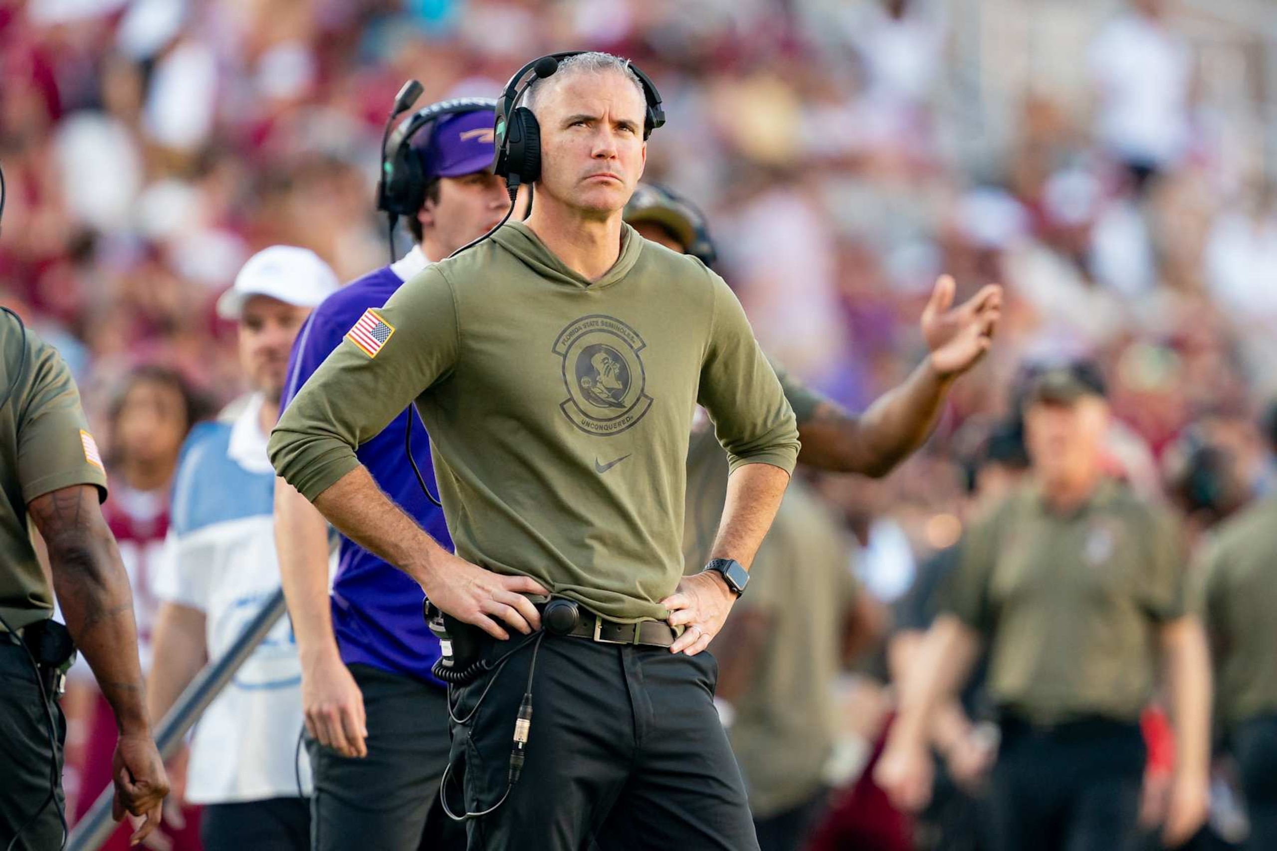 TALLAHASSEE, FL - NOVEMBER 02: Florida State Seminoles head coach Mike Norvell looks to the scoreboard during a college football game between the North Carolina Tar Heels and Florida State Seminoles on November 2nd, 2024 at Doak Campbell in Tallahassee, FL. (Photo by Chris Leduc/Icon Sportswire via Getty Images)