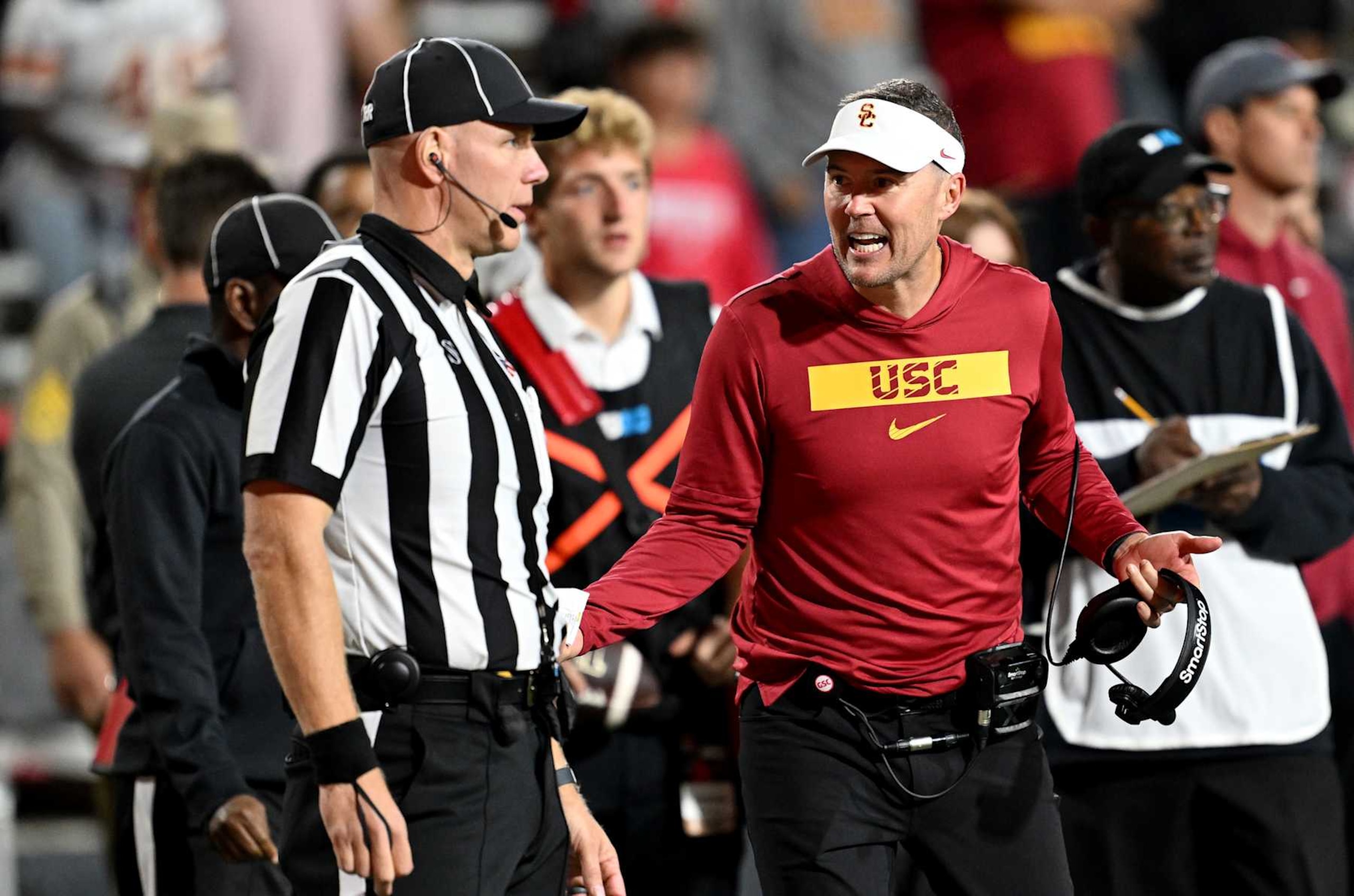 COLLEGE PARK, MARYLAND - OCTOBER 19: Head coach Lincoln Riley of the USC Trojans argues a call with an official in the fourth quarter against the Maryland Terrapins at SECU Stadium on October 19, 2024 in College Park, Maryland. (Photo by G Fiume/Getty Images)