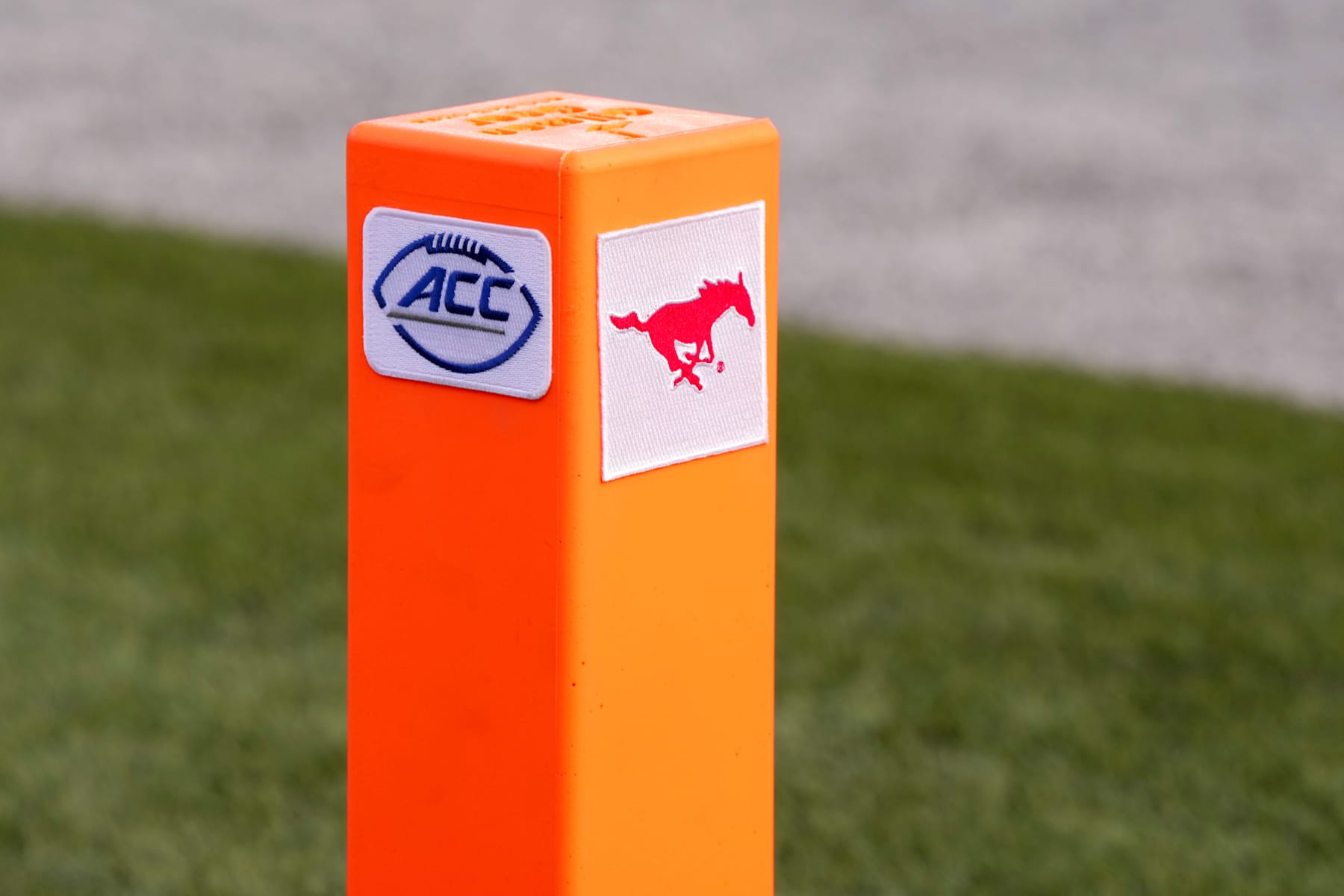 DALLAS, TEXAS - AUGUST 31: A detail view of an endzone pylon bearing the ACC and SMU logos is shown before the game between the Southern Methodist Mustangs and the Houston Christian Huskies at Gerald J. Ford Stadium on August 31, 2024 in Dallas, Texas. (Photo by Sam Hodde/Getty Images)