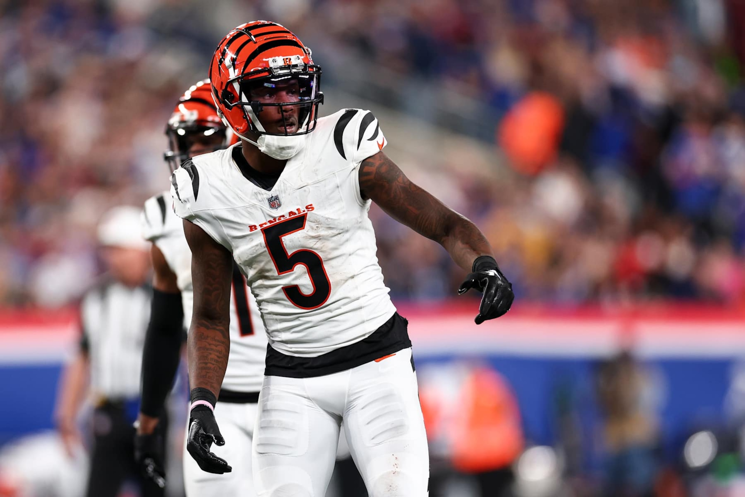 EAST RUTHERFORD, NEW JERSEY - OCTOBER 13: Tee Higgins #5 of the Cincinnati Bengals lines up before a play during an NFL game against the New York Giants at MetLife Stadium on October 13, 2024 in East Rutherford, New Jersey. (Photo by Kevin Sabitus/Getty Images)