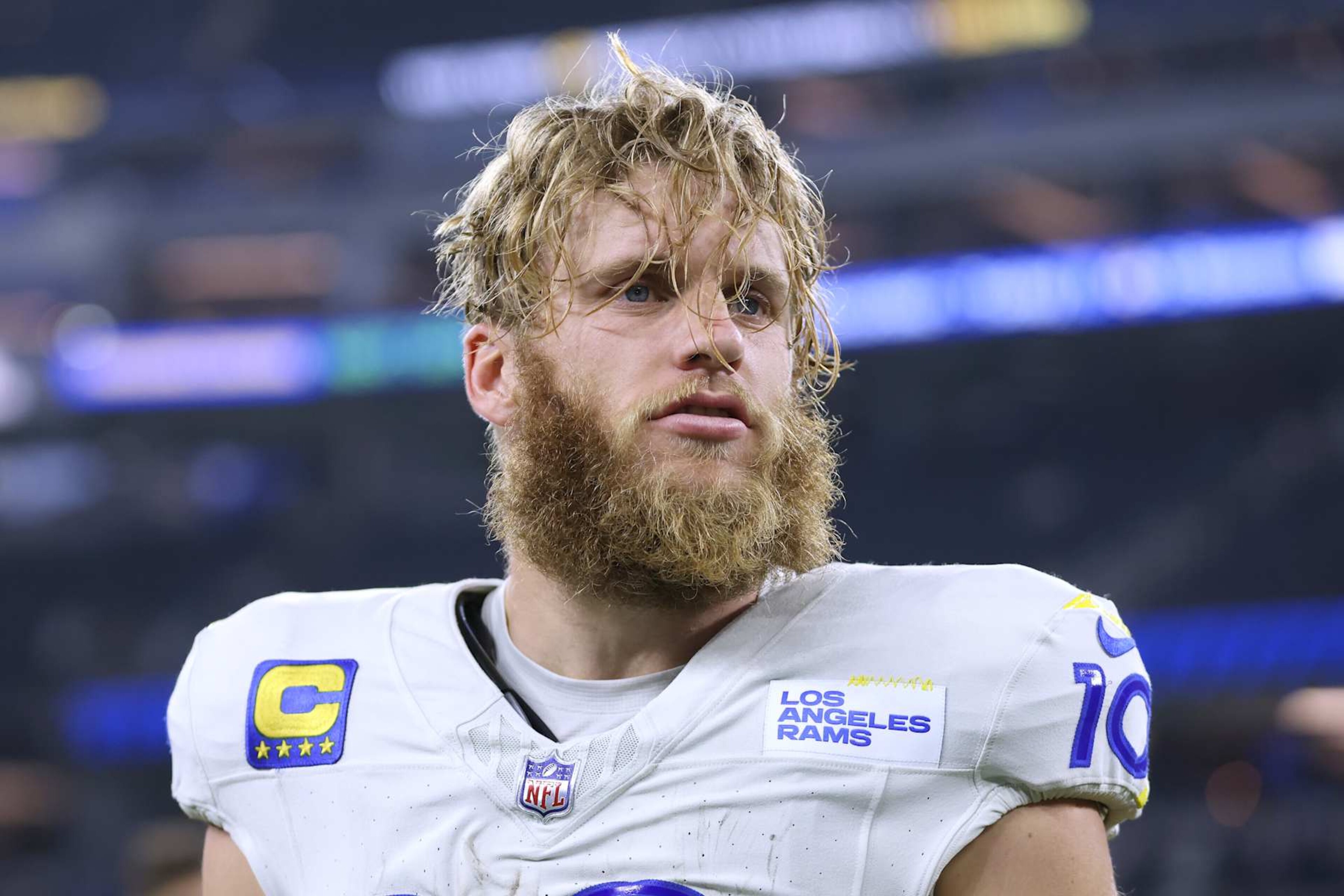 INGLEWOOD, CALIFORNIA - OCTOBER 24: Cooper Kupp #10 of the Los Angeles Rams after the game against the Minnesota Vikings at SoFi Stadium on October 24, 2024 in Inglewood, California. (Photo by Katelyn Mulcahy/Getty Images)
