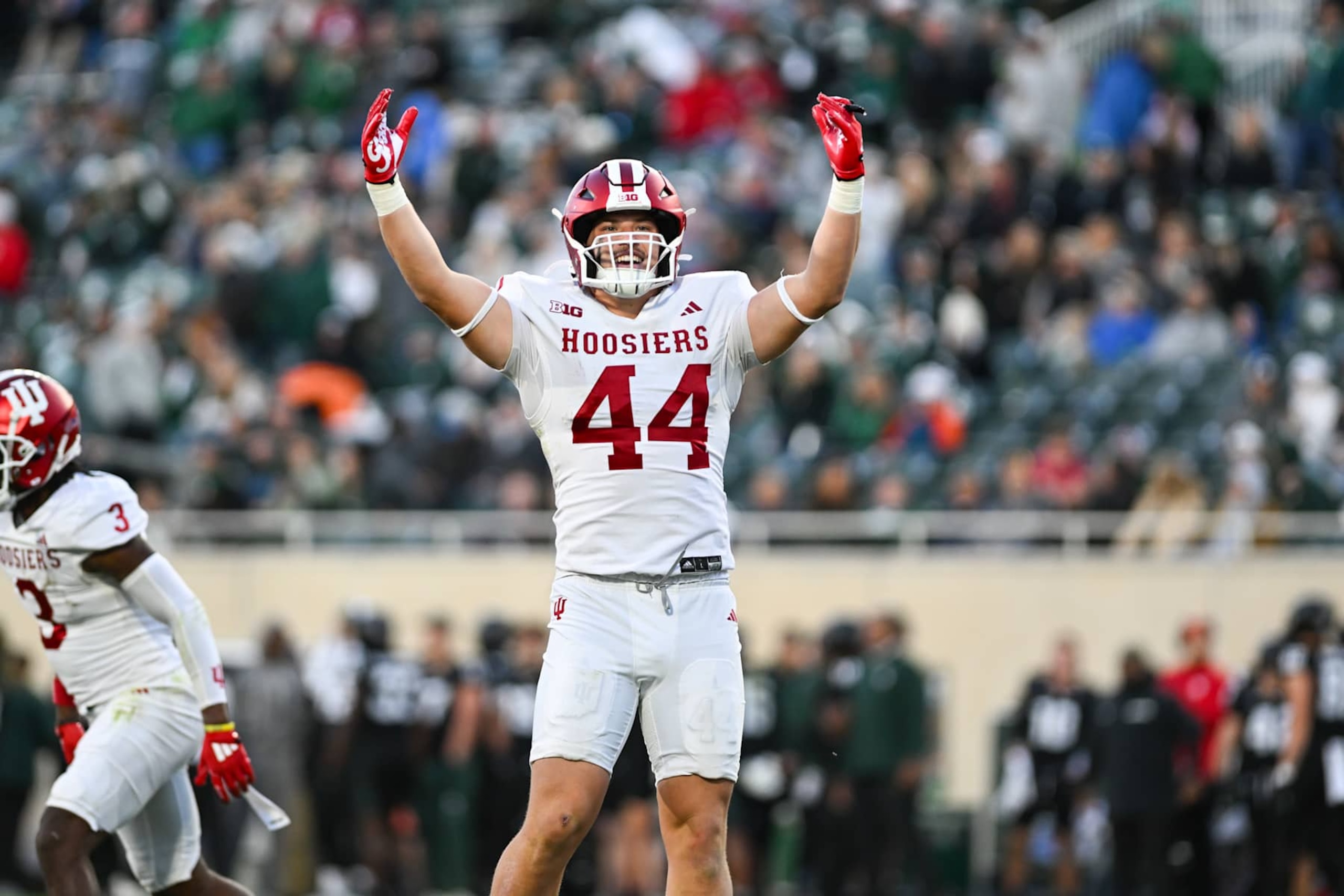 EAST LANSING, MI - NOVEMBER 02: Indiana Hoosiers tight end Zach Horton (44) celebrates a second half touchdown during a college football game between the Michigan State Spartans and the Indiana Hoosiers on November 2, 2024, at Spartan Stadium in East Lansing, MI. (Photo by Adam Ruff/Icon Sportswire via Getty Images)
