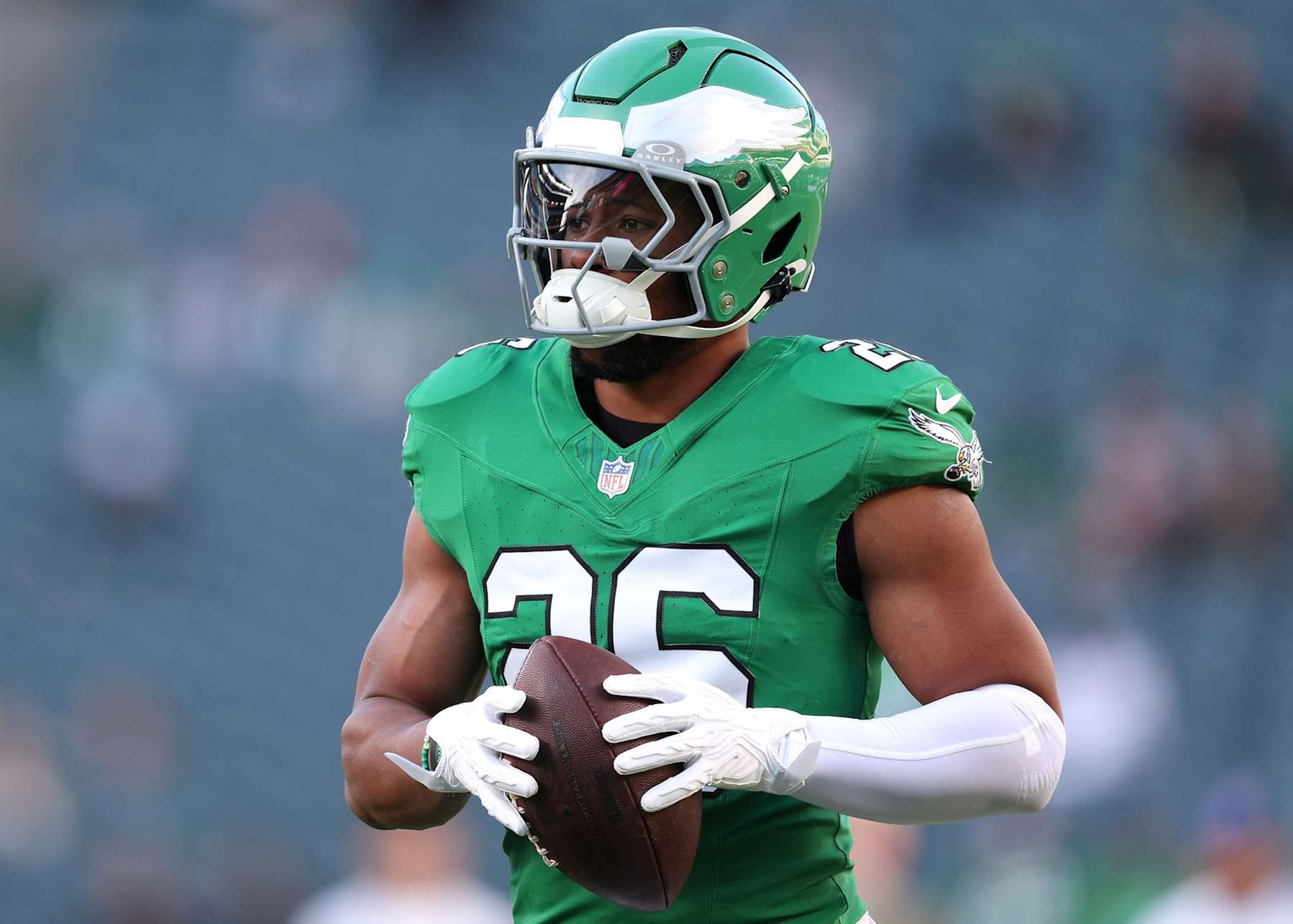 PHILADELPHIA, PENNSYLVANIA - NOVEMBER 03: Saquon Barkley #26 of the Philadelphia Eagles looks on prior to a game against the Jacksonville Jaguars at Lincoln Financial Field on November 03, 2024 in Philadelphia, Pennsylvania. (Photo by Elsa/Getty Images) PHILADELPHIA, PENNSYLVANIA - NOVEMBER 03: Saquon Barkley #26 of the Philadelphia Eagles looks on prior to a game against the Jacksonville Jaguars at Lincoln Financial Field on November 03, 2024 in Philadelphia, Pennsylvania. (Photo by Elsa/Getty Images)