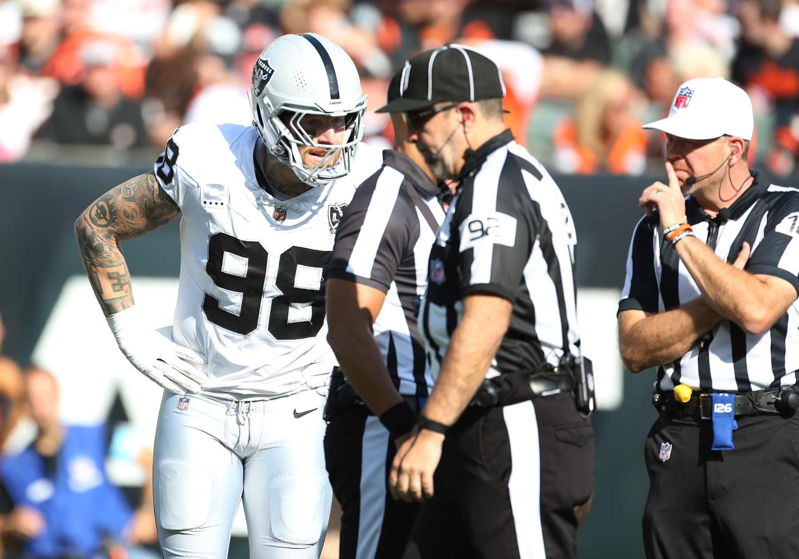 CINCINNATI, OH - NOVEMBER 03 - Las Vegas Raiders defensive end Maxx Crosby (98) discusses a call with officials in a game between the Las Vegas Raiders and the Cincinnati Bengals at Paycor Stadium on Sunday, November 3, 2024. (Photo by Jeff Moreland/Icon Sportswire via Getty Images)
