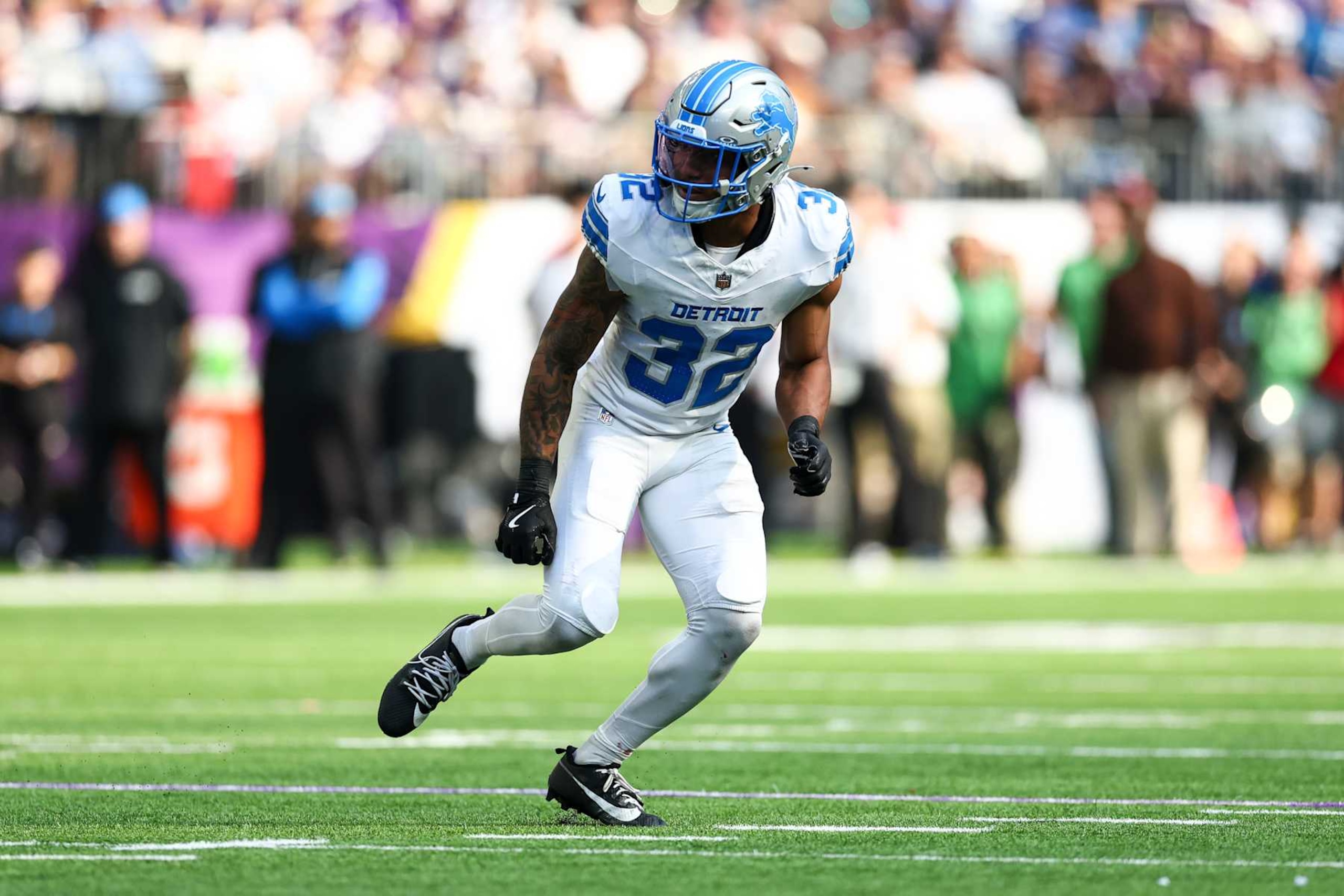 MINNEAPOLIS, MINNESOTA - OCTOBER 20: Brian Branch #32 of the Detroit Lions runs downfield during an NFL football game against the Minnesota Vikings at U.S. Bank Stadium on October 20, 2024 in Minneapolis, Minnesota. (Photo by Kevin Sabitus/Getty Images)