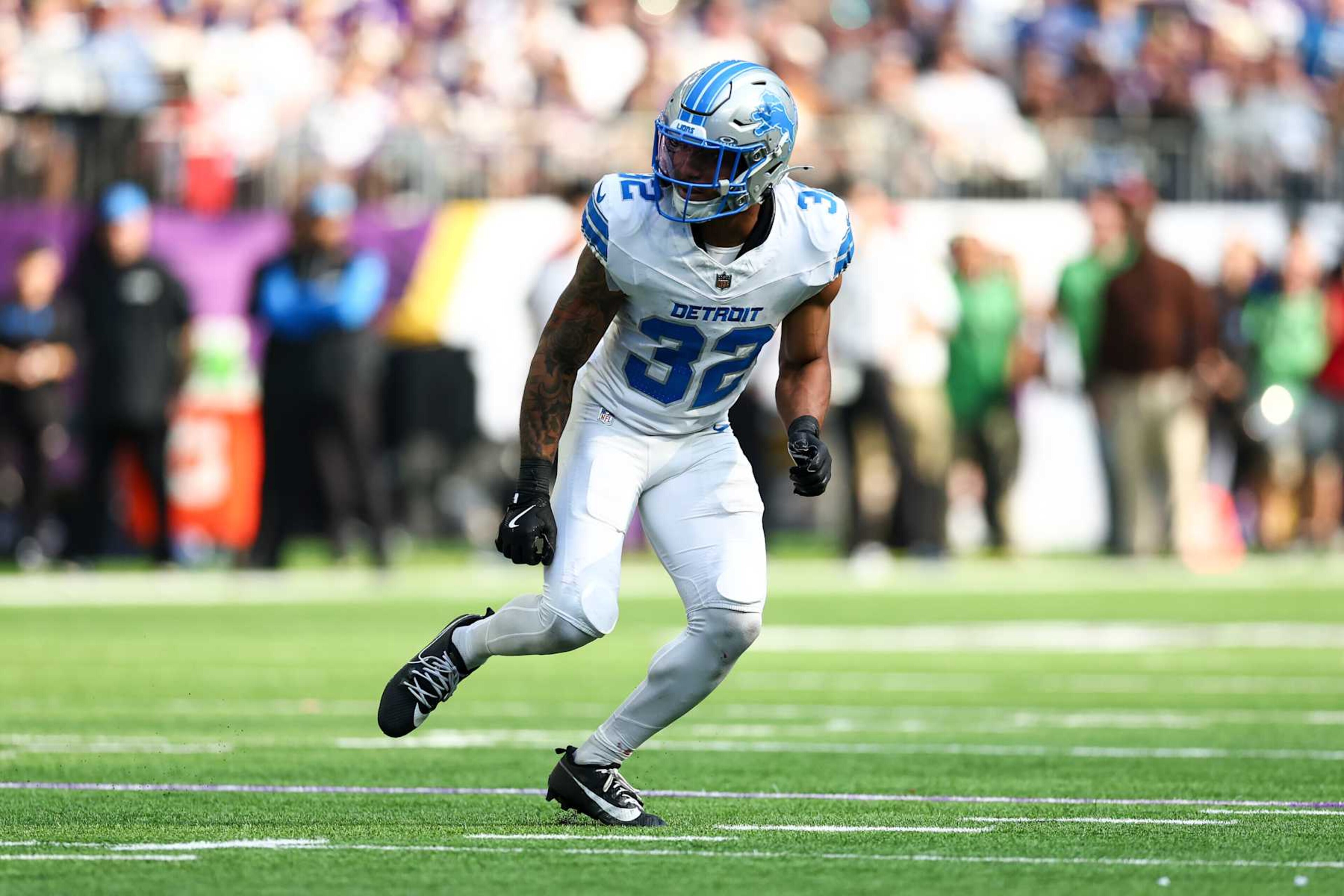 MINNEAPOLIS, MINNESOTA - OCTOBER 20: Brian Branch #32 of the Detroit Lions runs downfield during an NFL football game against the Minnesota Vikings at U.S. Bank Stadium on October 20, 2024 in Minneapolis, Minnesota. (Photo by Kevin Sabitus/Getty Images)