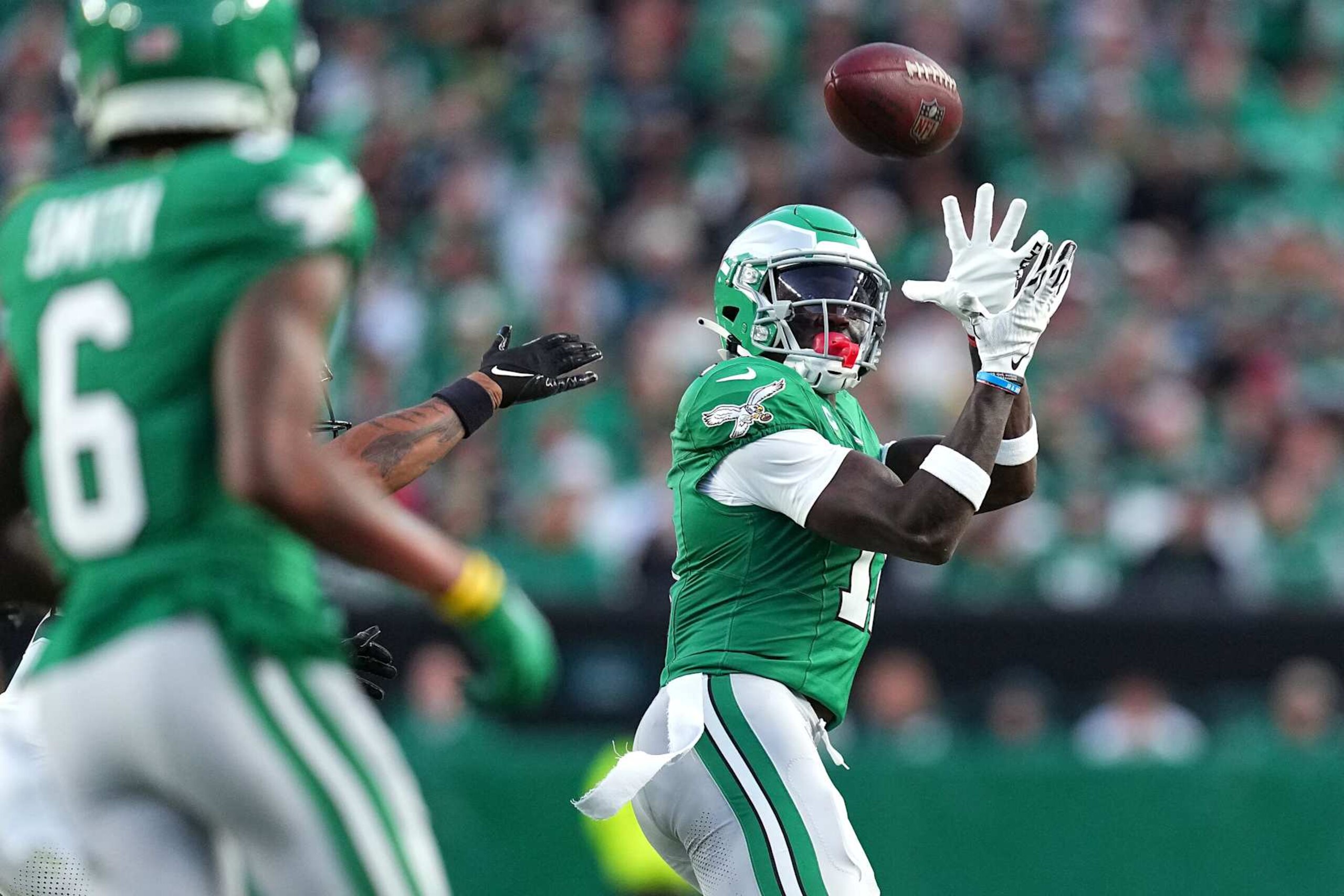 PHILADELPHIA, PENNSYLVANIA - NOVEMBER 03: A.J. Brown #11 of the Philadelphia Eagles catches a pass in the first quarter of a game against the Jacksonville Jaguars at Lincoln Financial Field on November 03, 2024 in Philadelphia, Pennsylvania. (Photo by Mitchell Leff/Getty Images)