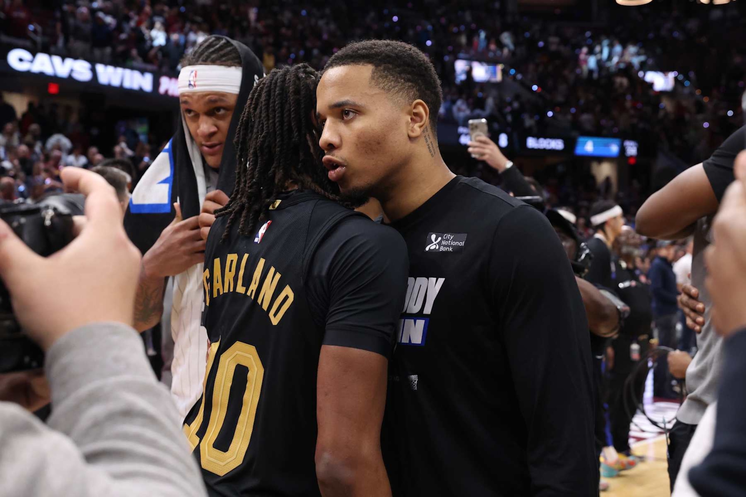 CLEVELAND, OH - MAY 5: Darius Garland #10 of the Cleveland Cavaliers and Markelle Fultz #20 of the Orlando Magic embrace after the game during Round 1 Game 7 of the 2024 NBA Playoffs on May 5, 2024 at Rocket Mortgage FieldHouse in Cleveland, Ohio. NOTE TO USER: User expressly acknowledges and agrees that, by downloading and/or using this Photograph, user is consenting to the terms and conditions of the Getty Images License Agreement. Mandatory Copyright Notice: Copyright 2024 NBAE (Photo by Lauren Leigh Bacho/NBAE via Getty Images)