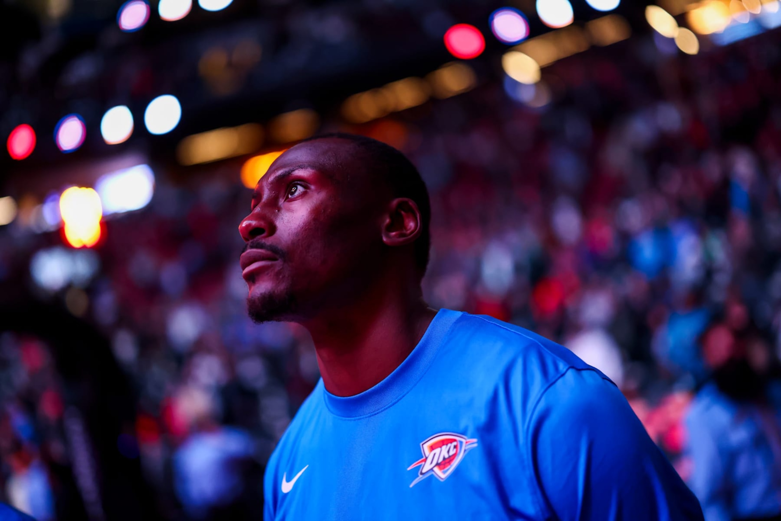 TORONTO, CANADA - MARCH 22:  Bismack Biyombo #15 of the Oklahoma City Thunder looks on during the National Anthem on March 22, 2024 at the Scotiabank Arena in Toronto, Ontario, Canada.  NOTE TO USER: User expressly acknowledges and agrees that, by downloading and or using this Photograph, user is consenting to the terms and conditions of the Getty Images License Agreement.  Mandatory Copyright Notice: Copyright 2024 NBAE (Photo by Vaughn Ridley/NBAE via Getty Images)
