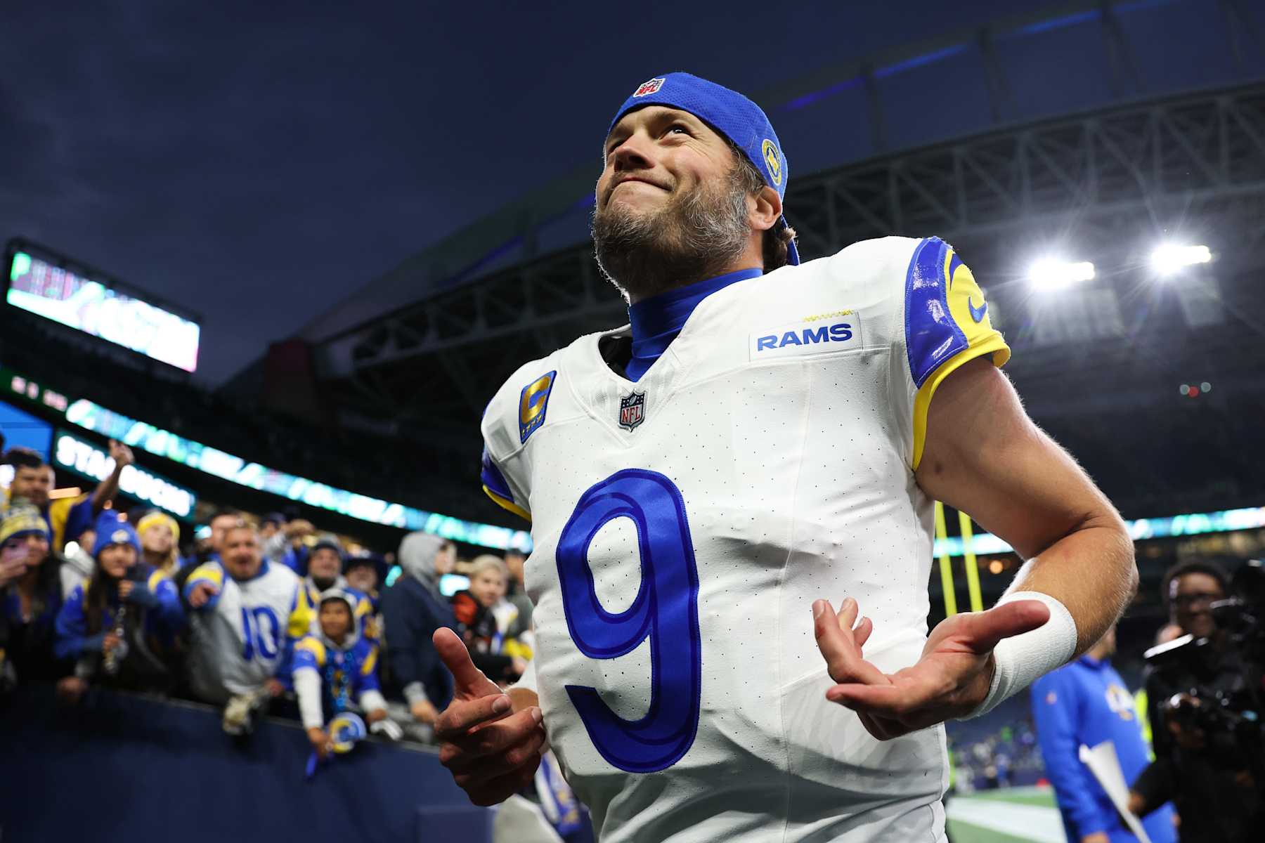 SEATTLE, WASHINGTON - NOVEMBER 03: Quarterback Matthew Stafford #9 of the Los Angeles Rams leaves the field after beating the Seattle Seahawks 26-20 at Lumen Field on November 03, 2024 in Seattle, Washington. (Photo by Steph Chambers/Getty Images)