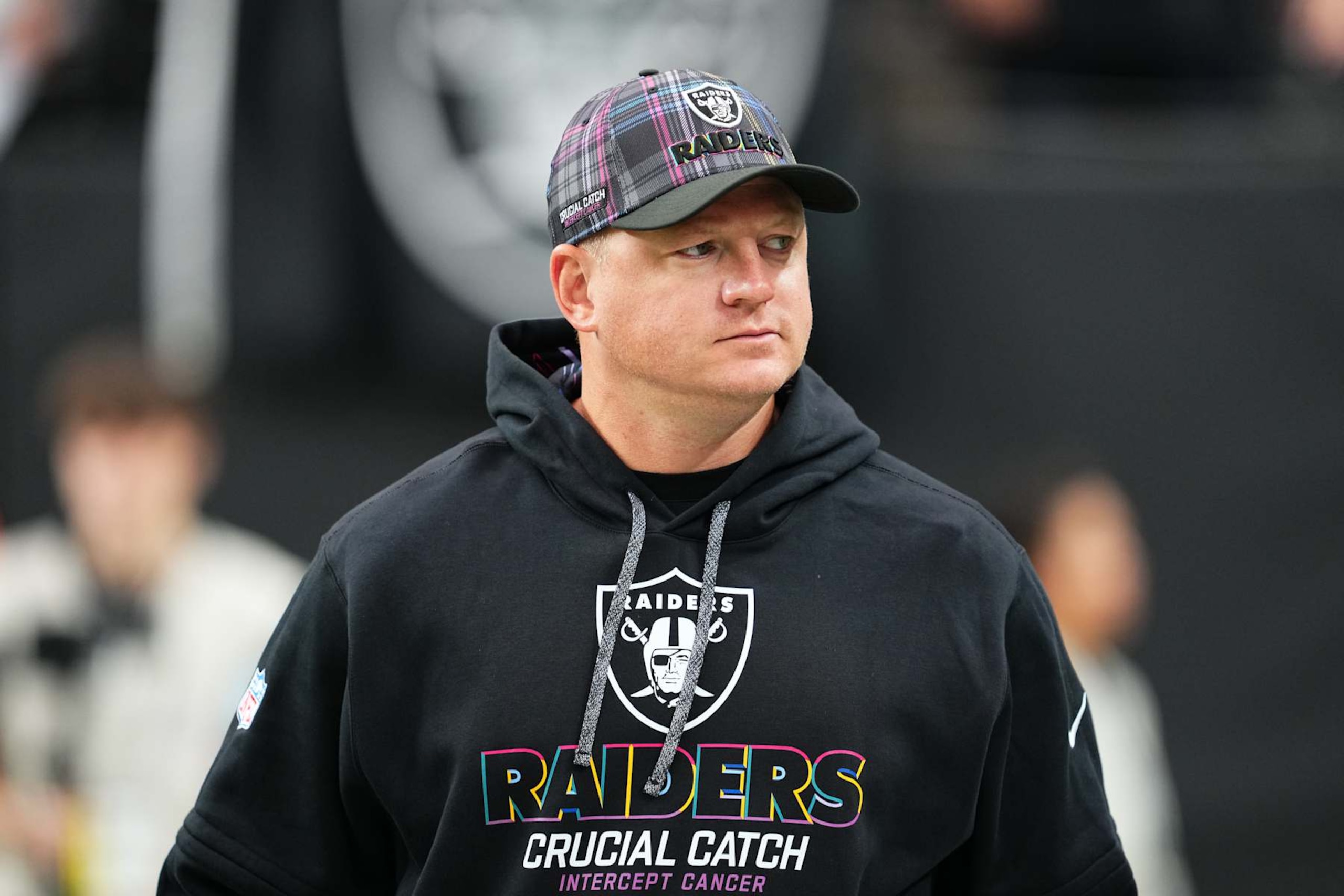 LAS VEGAS, NEVADA - OCTOBER 13:  Offensive coordinator Luke Getsy of the Las Vegas Raiders looks on before a game against the Pittsburgh Steelers at Allegiant Stadium on October 13, 2024 in Las Vegas, Nevada. (Photo by Chris Unger/Getty Images)