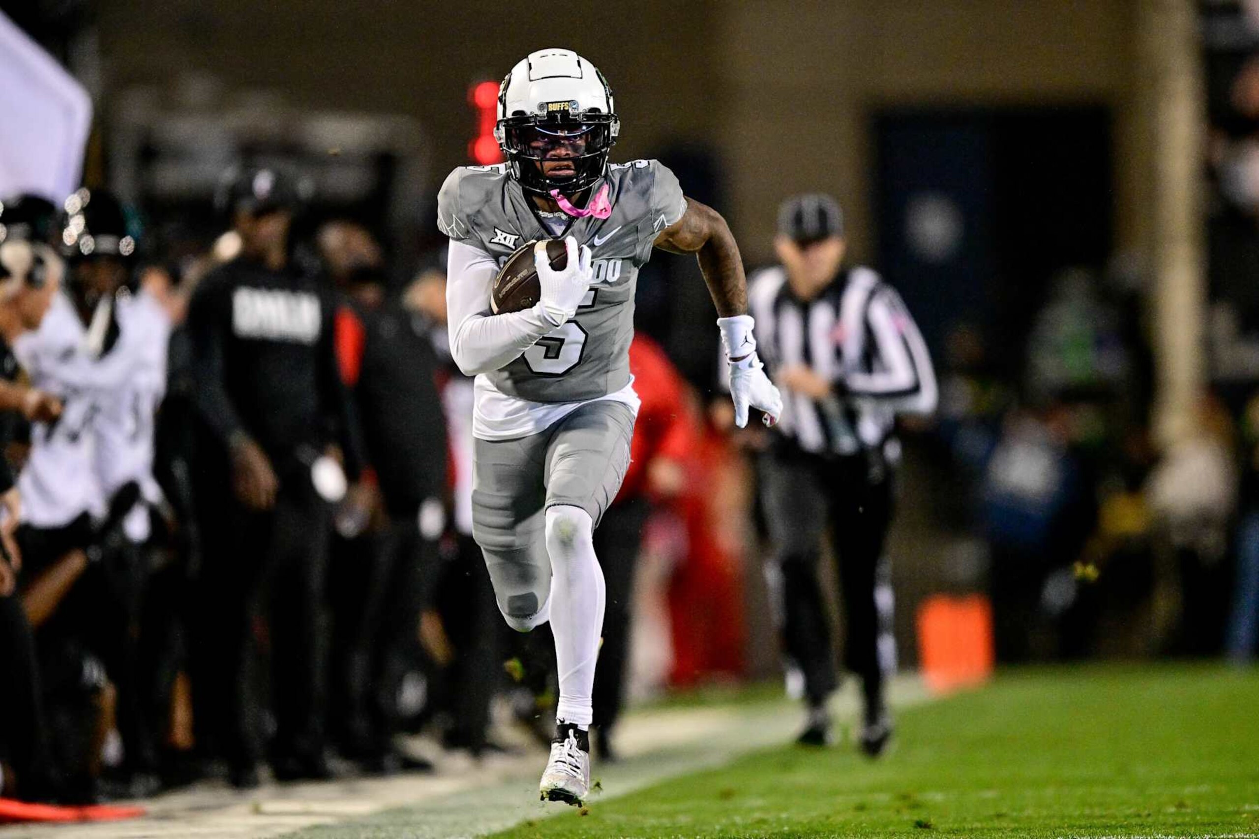 BOULDER, CO - OCTOBER 26:  Jimmy Horn Jr. #5 of the Colorado Buffaloes runs after a catch in the first quarter against the Cincinnati Bearcats at Folsom Field on October 26, 2024 in Boulder, Colorado. (Photo by Dustin Bradford/Getty Images)