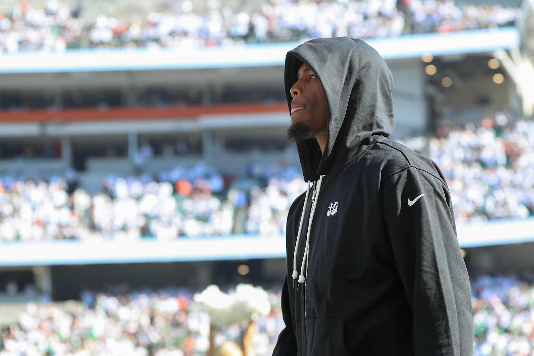 CINCINNATI, OH - OCTOBER 27: Cincinnati Bengals wide receiver Tee Higgins (5) walks along the sideline before the game against the Philadelphia Eagles and the Cincinnati Bengals on October 27, 2024, at Paycor Stadium in Cincinnati, OH. (Photo by Ian Johnson/Icon Sportswire via Getty Images)