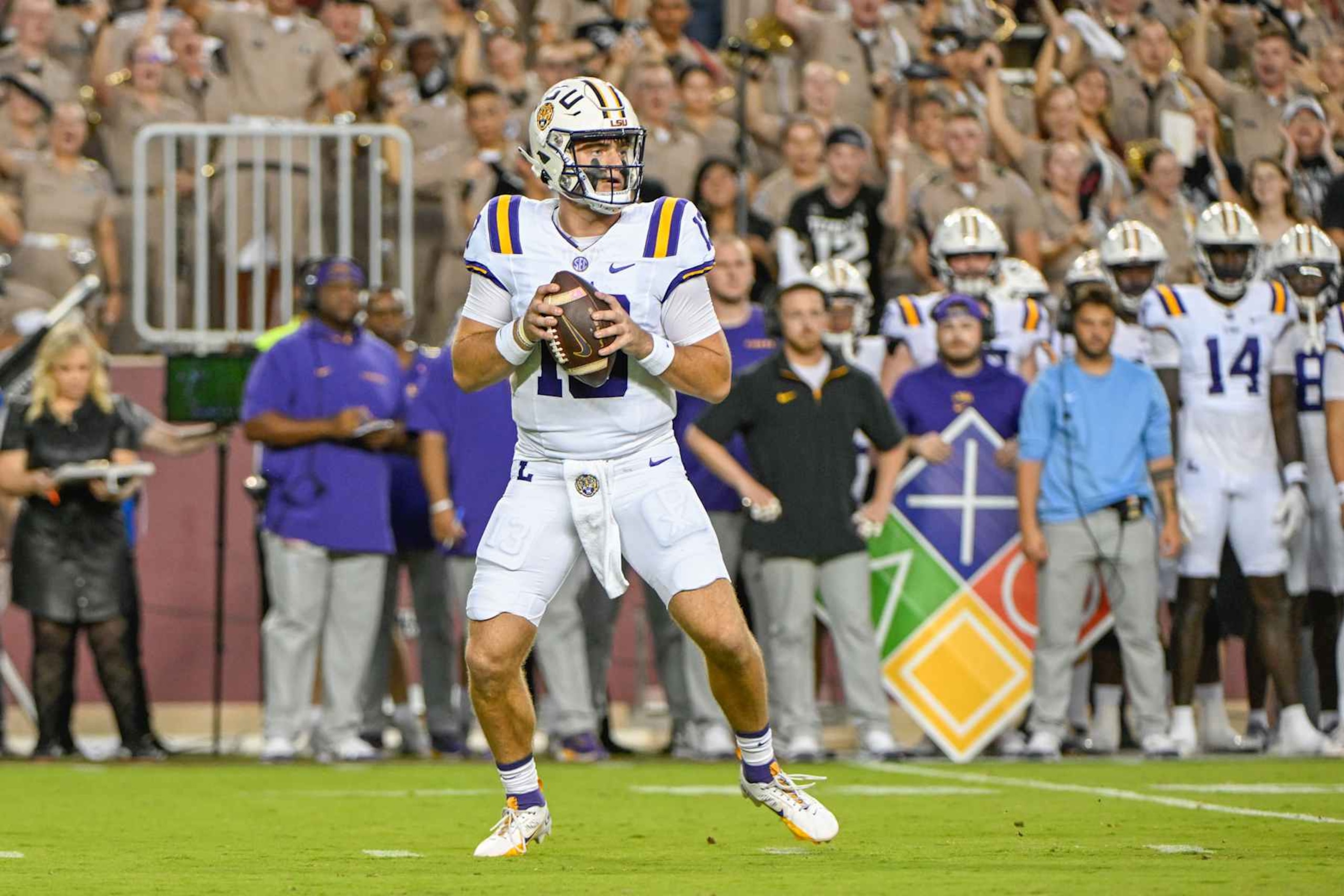 COLLEGE STATION, TX - OCTOBER 26: LSU Tigers quarterback Garrett Nussmeier (13) looks to throw downfield during the football game between the LSU Tigers and Texas A&M Aggies on October 26, 2024 at Kyle Field in College Station, Texas. (Photo by Ken Murray/Icon Sportswire via Getty Images)