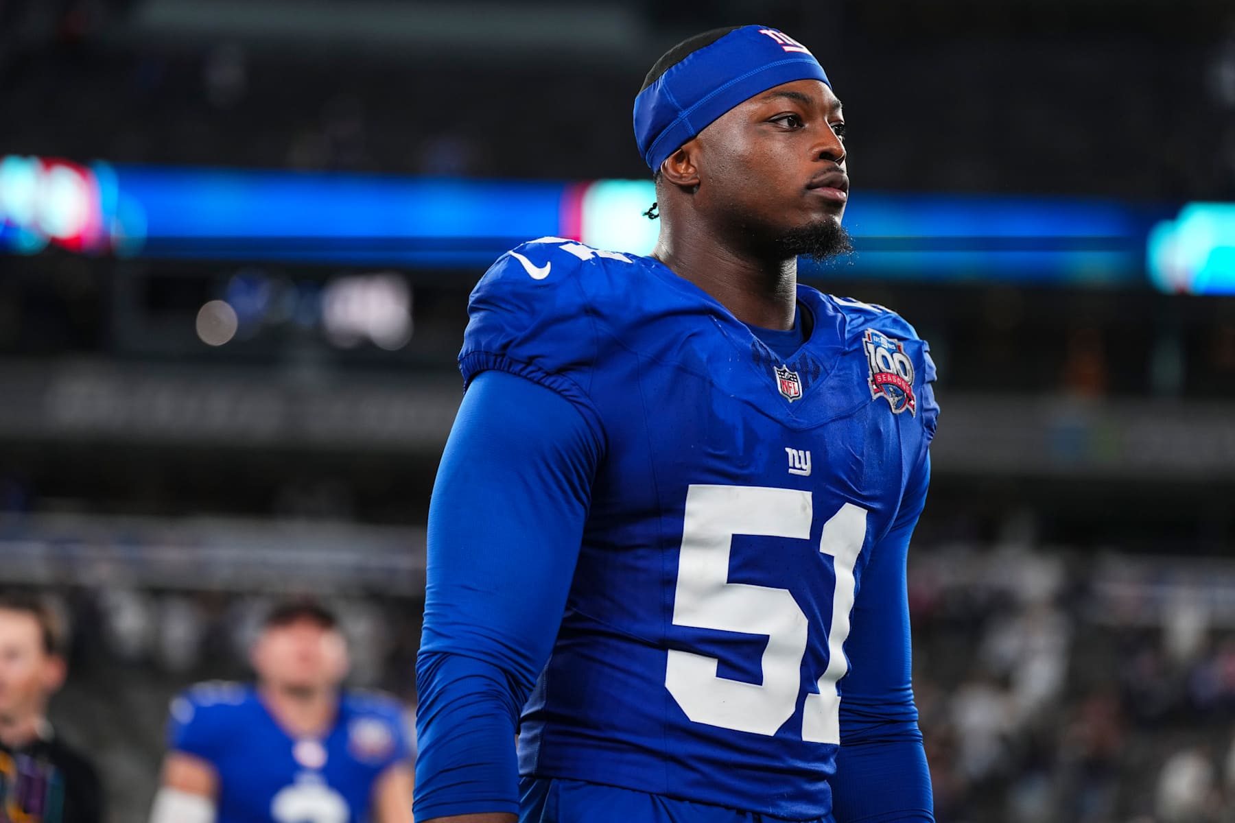 EAST RUTHERFORD, NJ - SEPTEMBER 26: Azeez Ojulari #51 of the New York Giants walks off of the field after an NFL football game against the Dallas Cowboys at MetLife Stadium on September 26, 2024 in East Rutherford, New Jersey. (Photo by Cooper Neill/Getty Images)