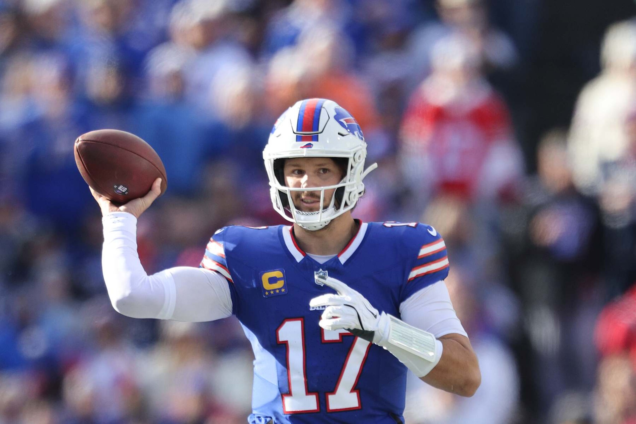 ORCHARD PARK, NEW YORK - NOVEMBER 03: Josh Allen #17 of the Buffalo Bills throws a pass against the Miami Dolphins during the second quarter at Highmark Stadium on November 03, 2024 in Orchard Park, New York. (Photo by Bryan M. Bennett/Getty Images)